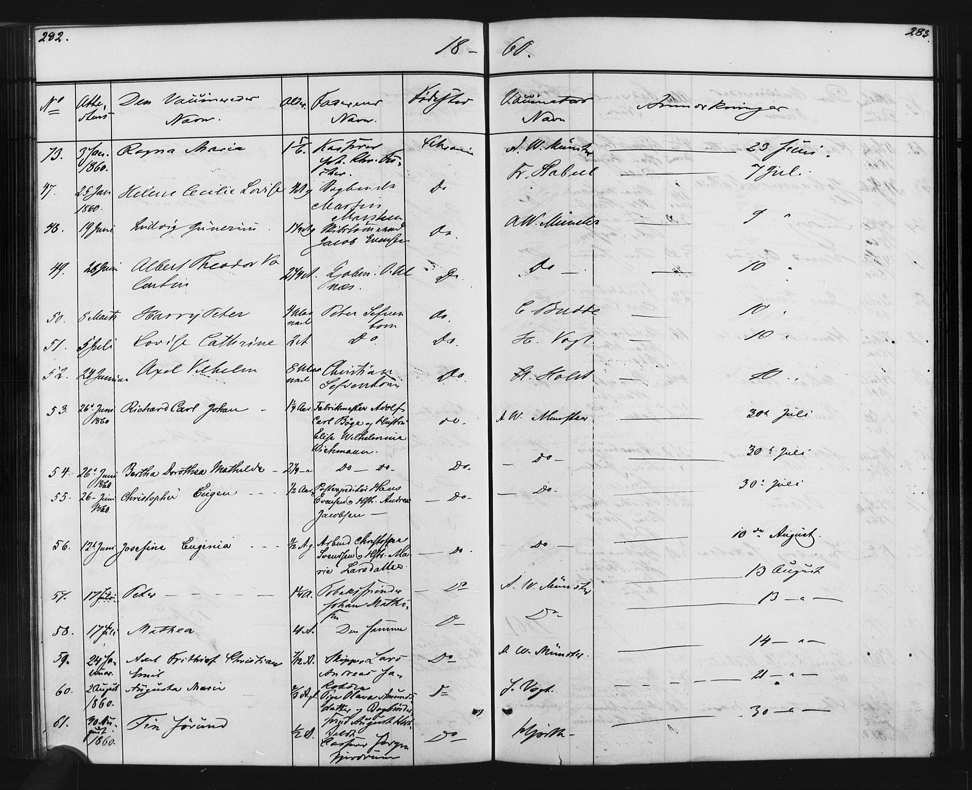 Oslo domkirke Kirkebøker, SAO/A-10752/L/Lb/L0001: Vaccination register no. 1, 1843-1868, p. 282-283