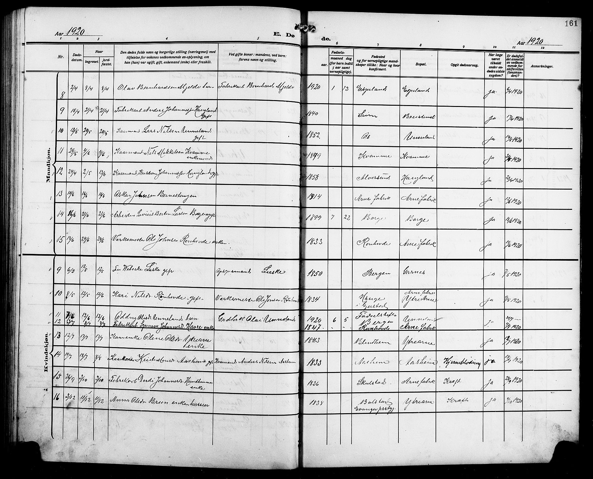 Arna Sokneprestembete, SAB/A-74001/H/Ha/Hab: Parish register (copy) no. A 5, 1911-1921, p. 161