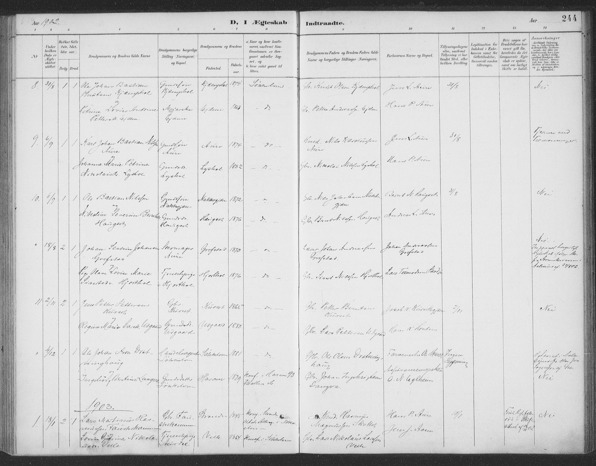 Ministerialprotokoller, klokkerbøker og fødselsregistre - Møre og Romsdal, SAT/A-1454/523/L0335: Parish register (official) no. 523A02, 1891-1911, p. 244