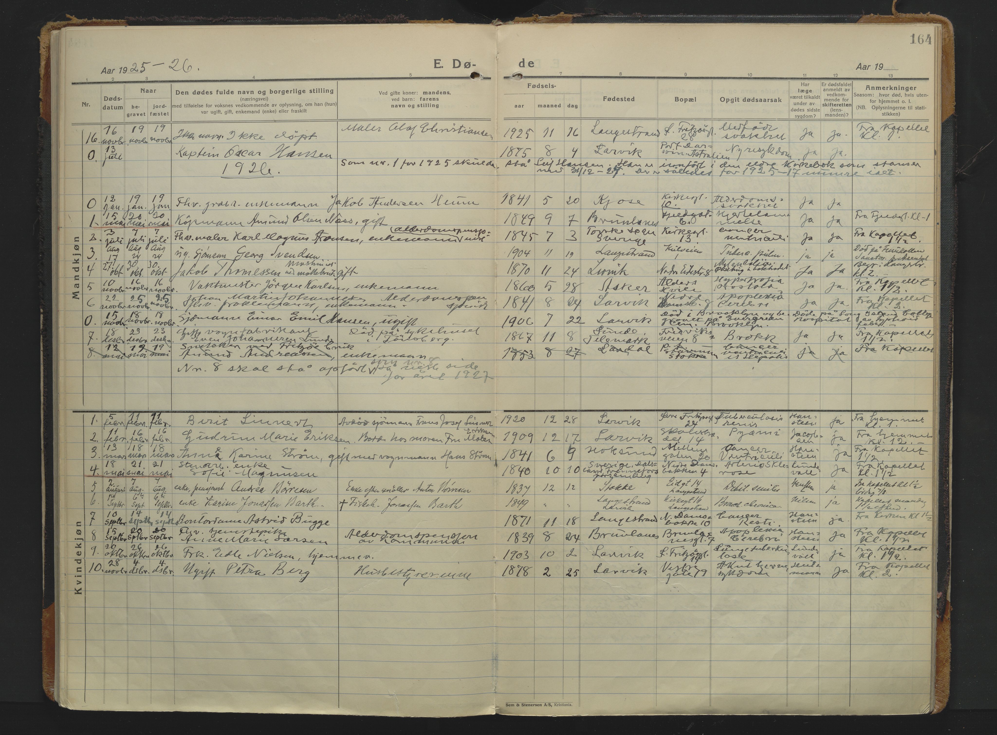 Larvik kirkebøker, AV/SAKO-A-352/F/Fb/L0006: Parish register (official) no. II 6, 1925-1961, p. 164