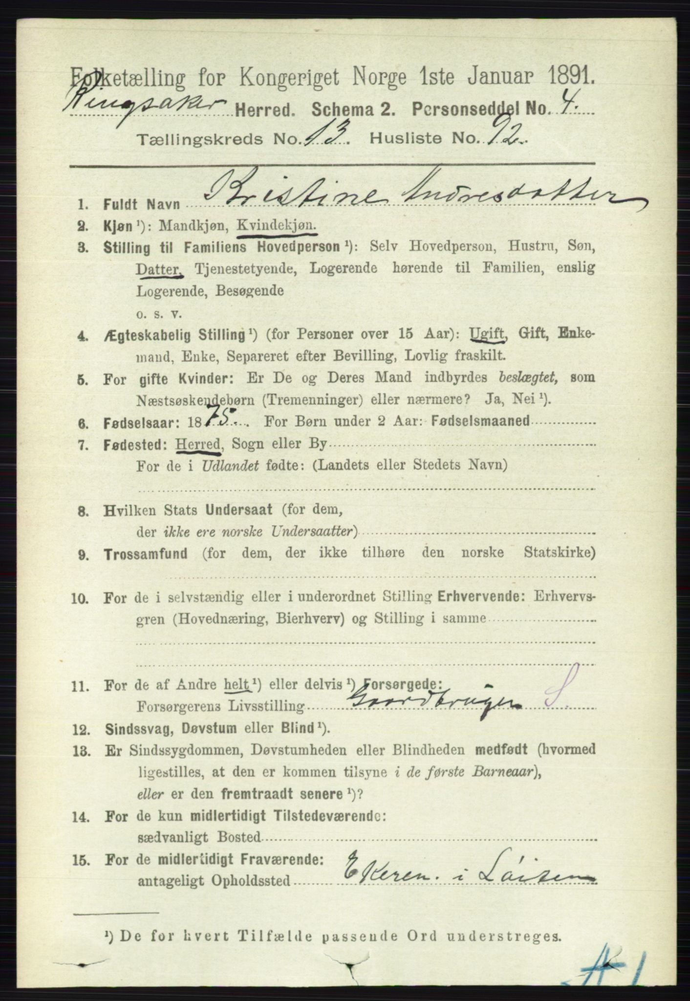 RA, 1891 census for 0412 Ringsaker, 1891, p. 7712