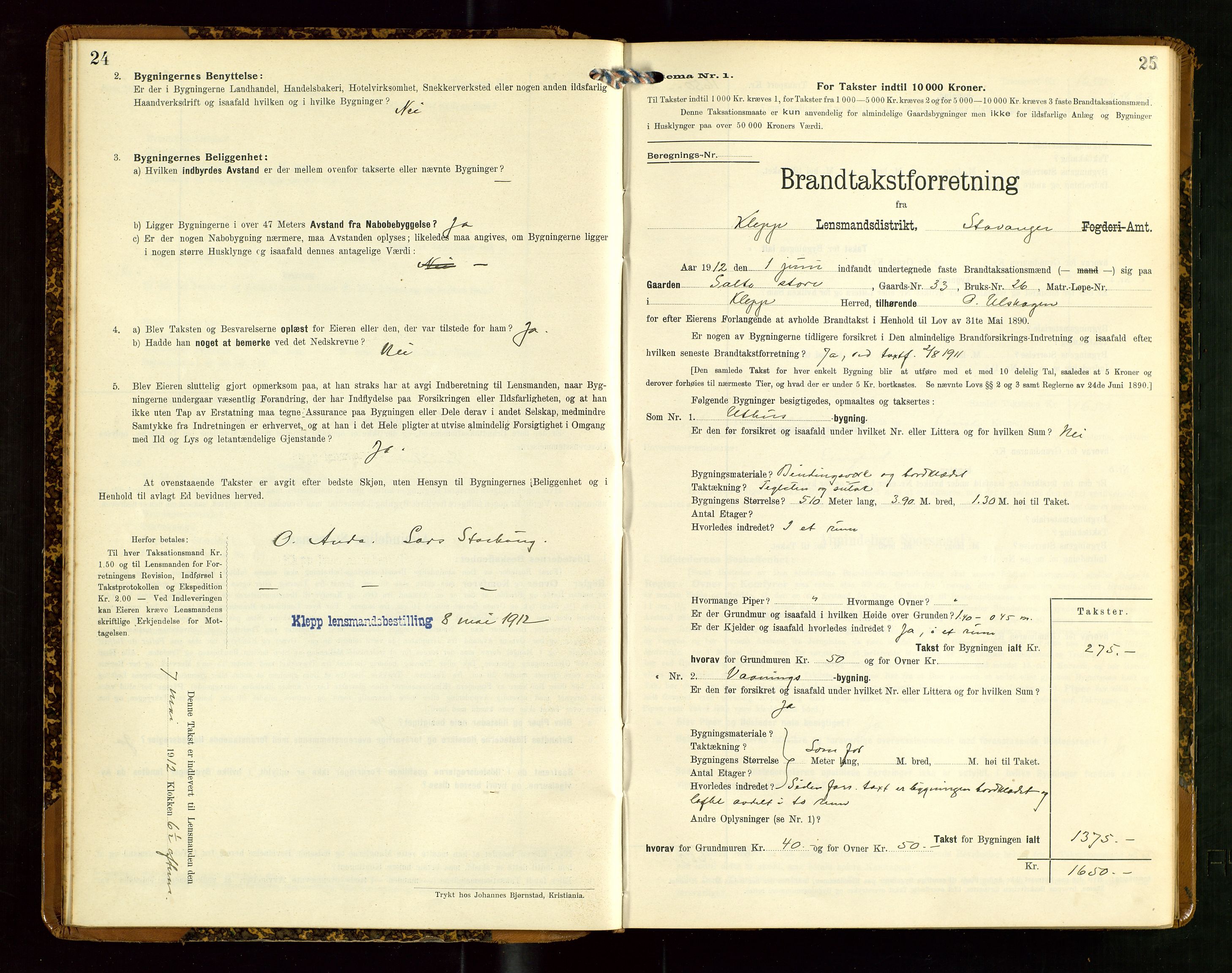 Klepp lensmannskontor, AV/SAST-A-100163/Goc/L0007: "Brandtaxationsprotokol" m/register, 1911-1915, p. 24-25