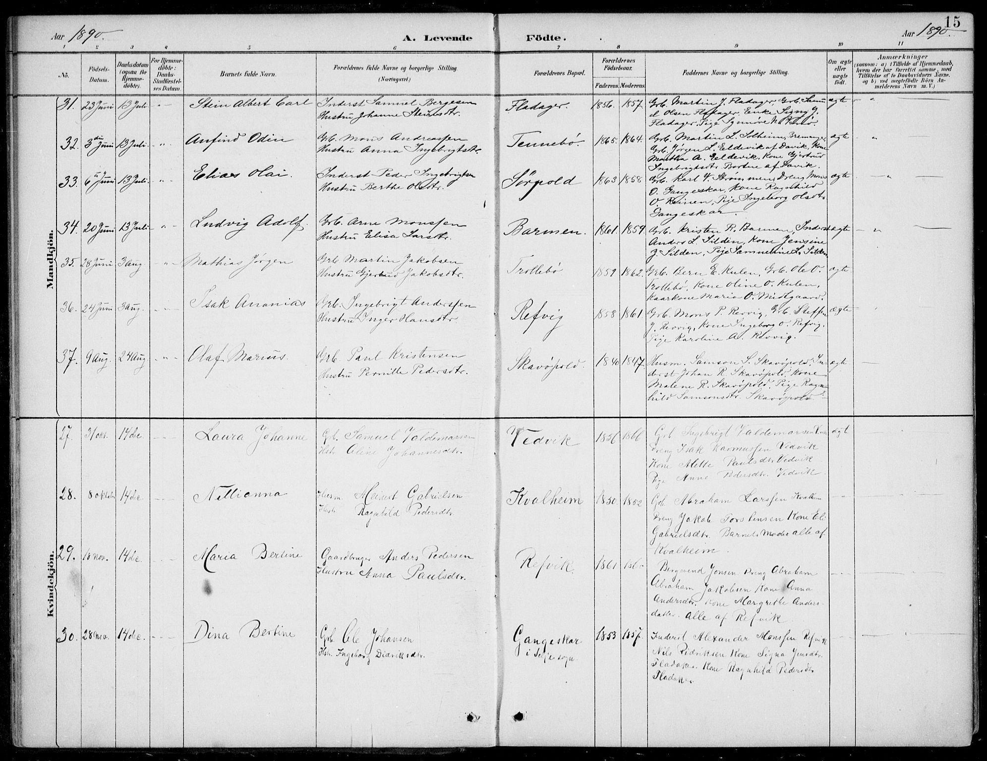 Selje sokneprestembete, AV/SAB-A-99938/H/Ha/Haa/Haac/L0002: Parish register (official) no. C  2, 1889-1904, p. 15