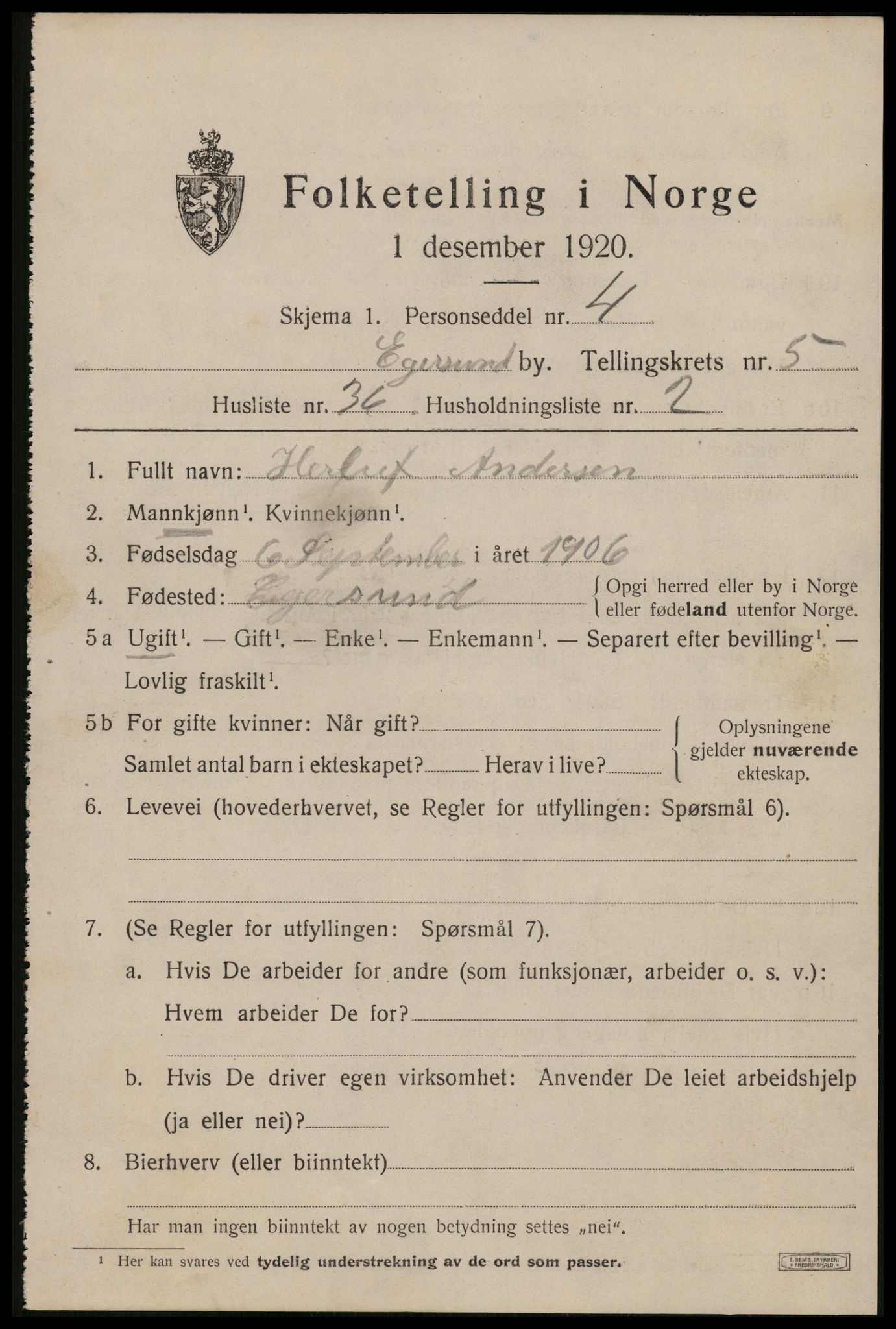 SAST, 1920 census for Egersund town, 1920, p. 8516