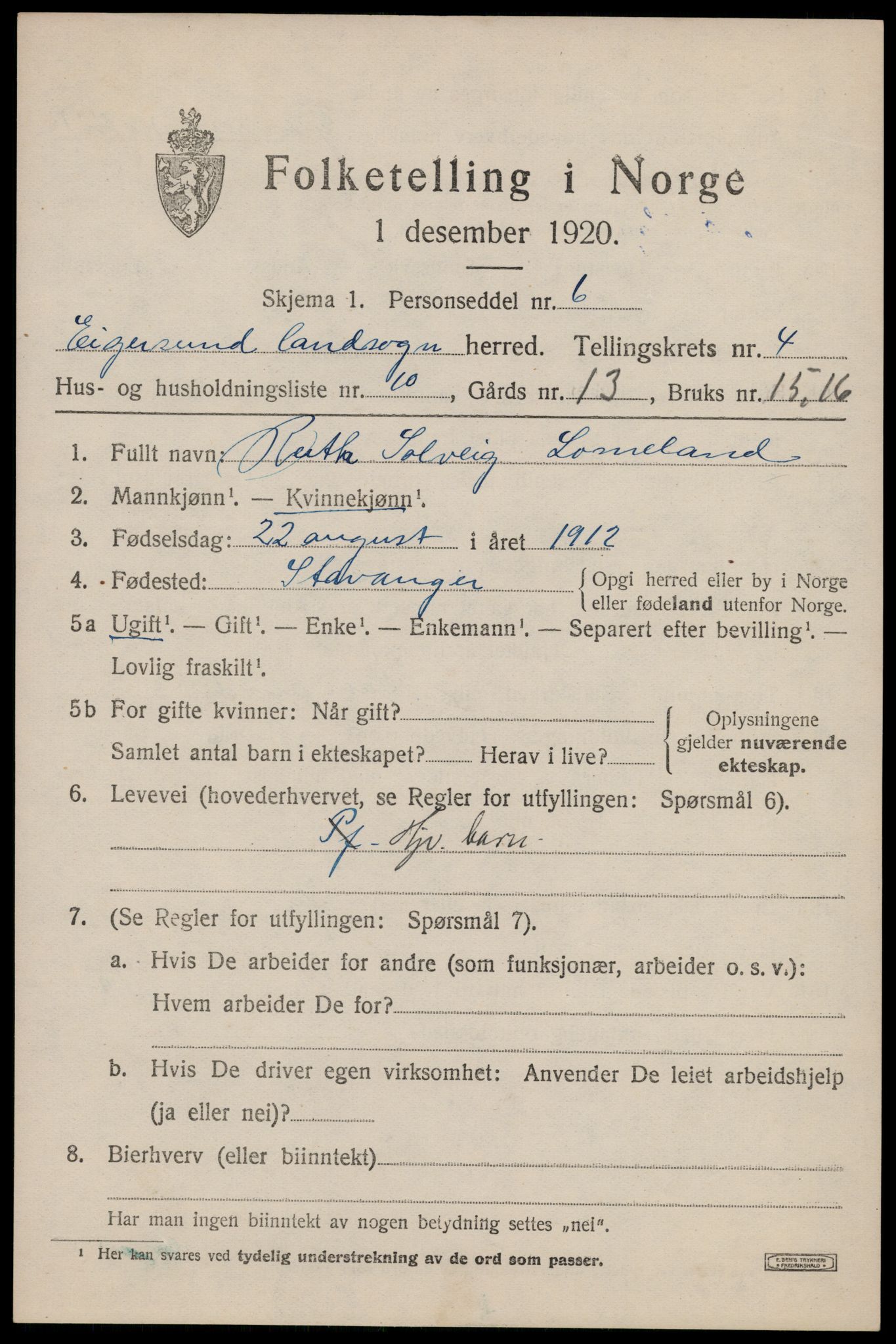 SAST, 1920 census for Eigersund, 1920, p. 2927