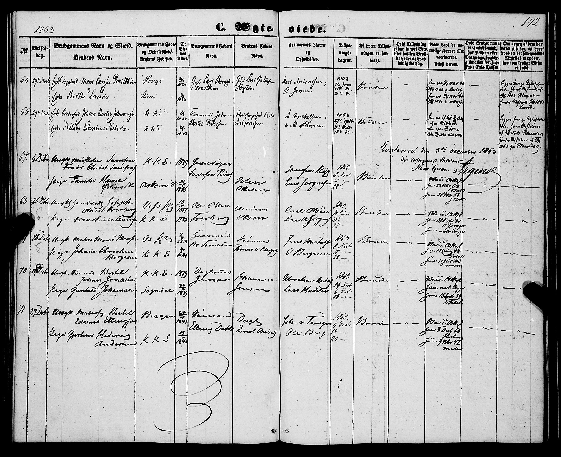 Korskirken sokneprestembete, AV/SAB-A-76101/H/Haa/L0035: Parish register (official) no. D 2, 1852-1867, p. 142