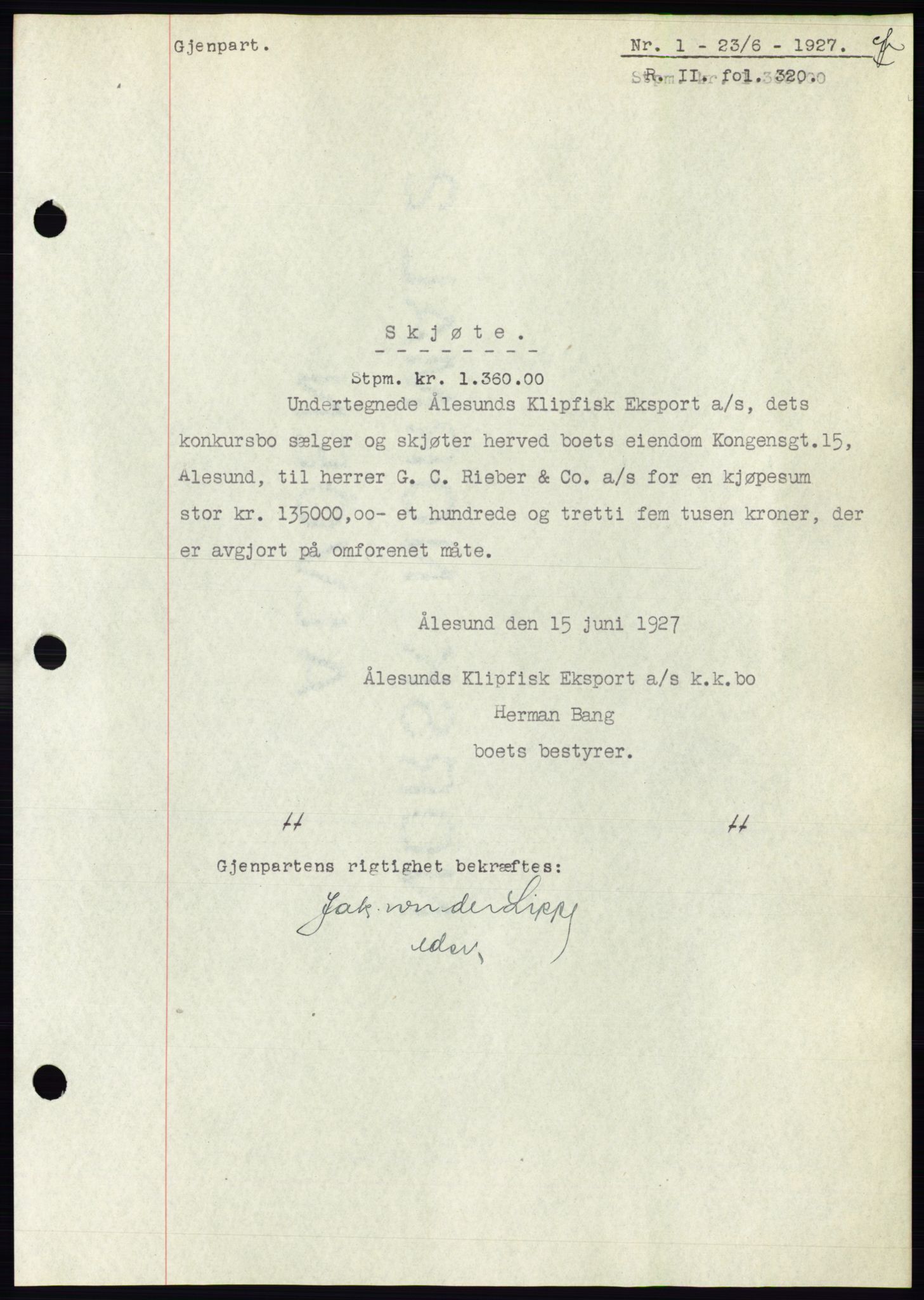 Ålesund byfogd, AV/SAT-A-4384: Mortgage book no. 22, 1927-1927, Deed date: 23.06.1927