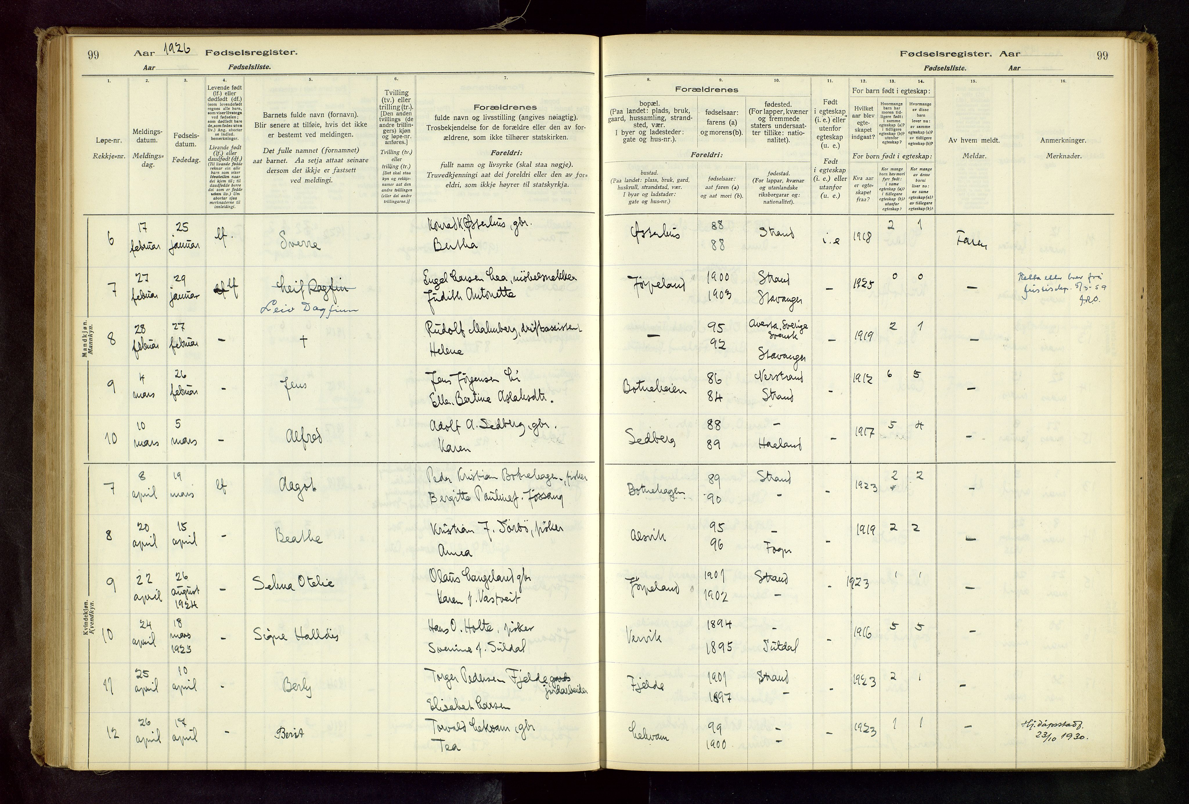 Strand sokneprestkontor, SAST/A-101828/I/Id/L0001: Birth register no. 1, 1916-1938, p. 99