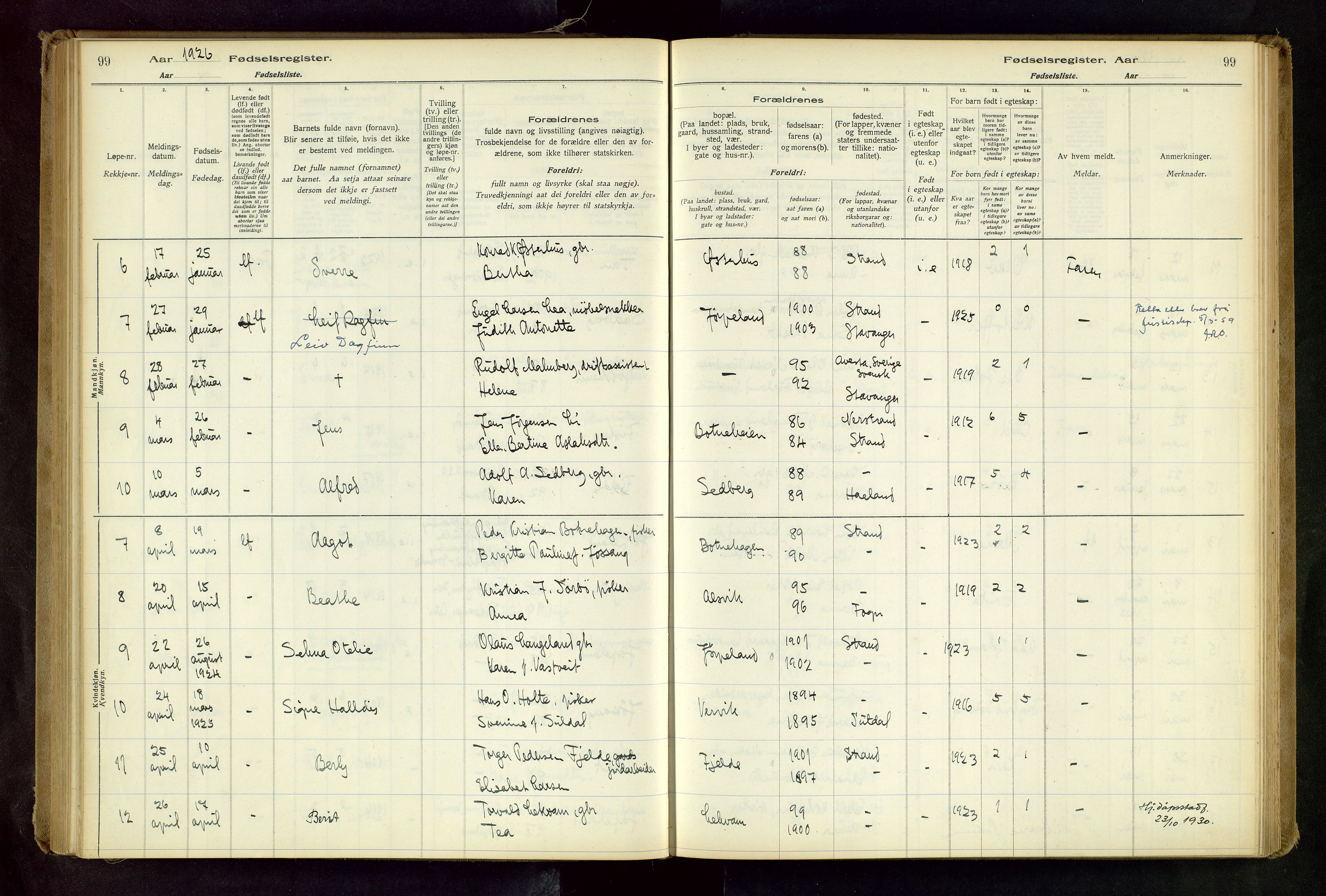 Strand sokneprestkontor, AV/SAST-A-101828/I/Id/L0001: Birth register no. 1, 1916-1938, p. 99