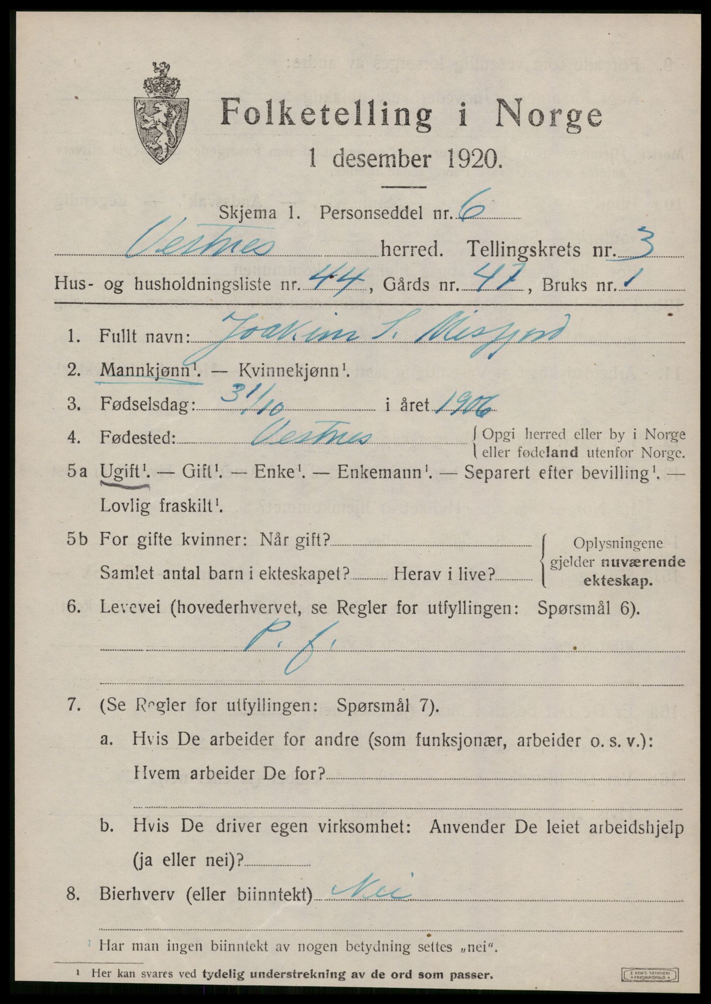 SAT, 1920 census for Vestnes, 1920, p. 3131
