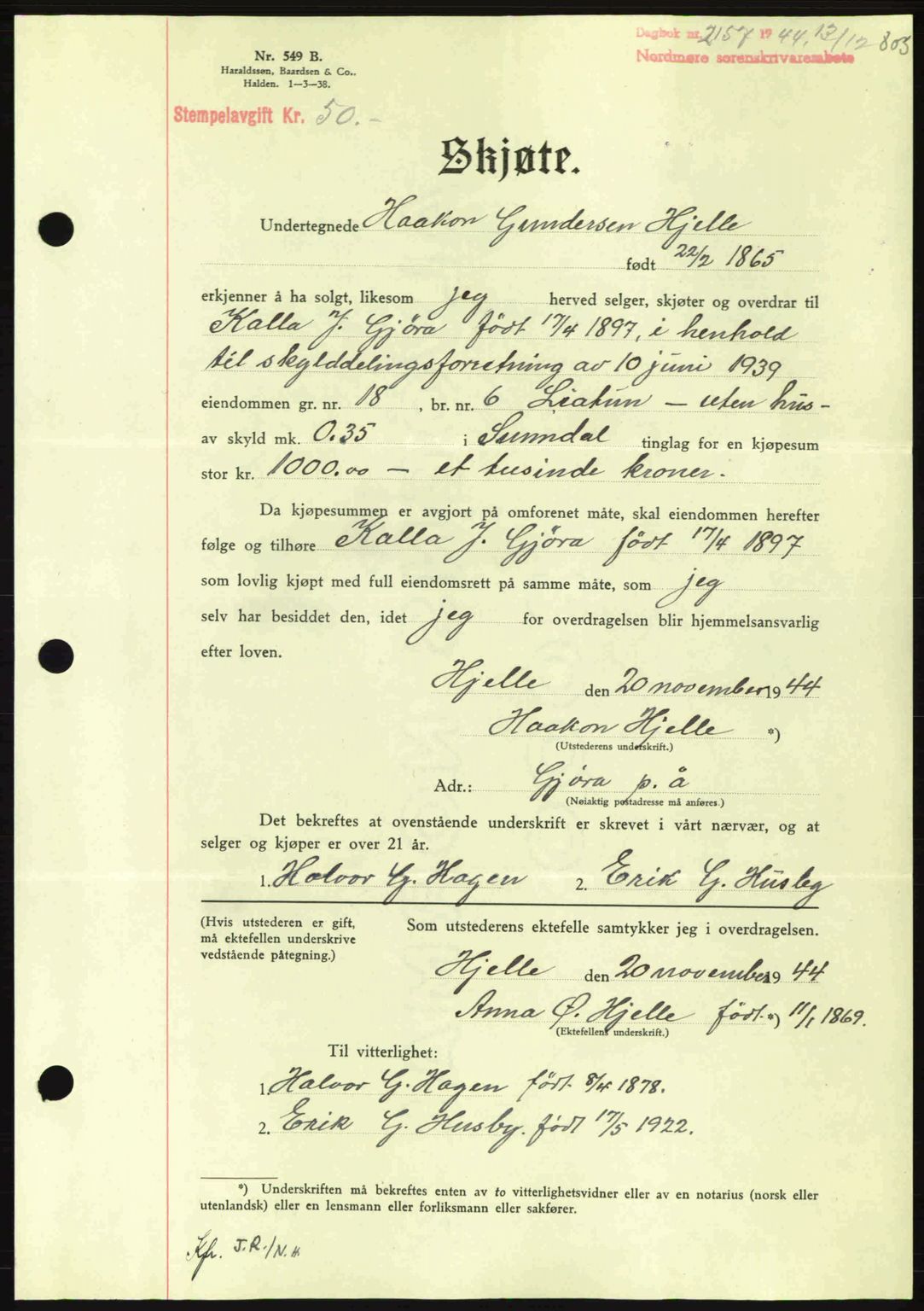 Nordmøre sorenskriveri, AV/SAT-A-4132/1/2/2Ca: Mortgage book no. A98, 1944-1944, Diary no: : 2157/1944