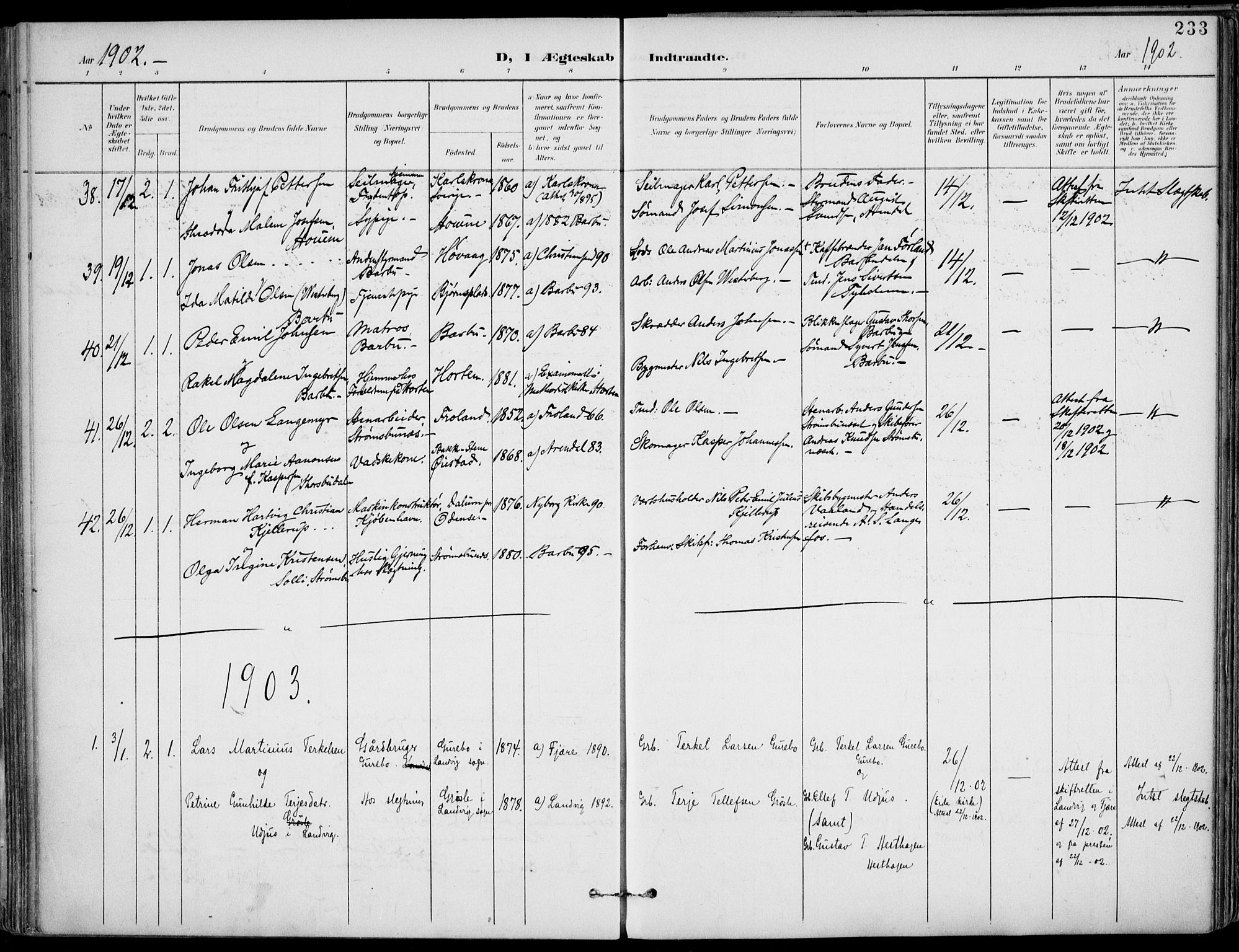 Barbu sokneprestkontor, SAK/1111-0003/F/Fa/L0005: Parish register (official) no. A 5, 1899-1909, p. 233