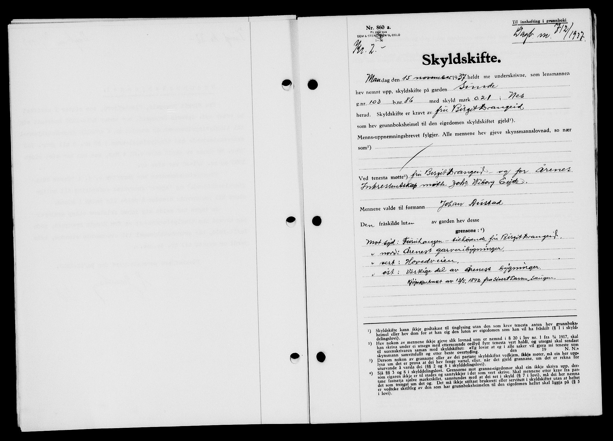 Flekkefjord sorenskriveri, AV/SAK-1221-0001/G/Gb/Gba/L0054: Mortgage book no. A-2, 1937-1938, Diary no: : 712/1937