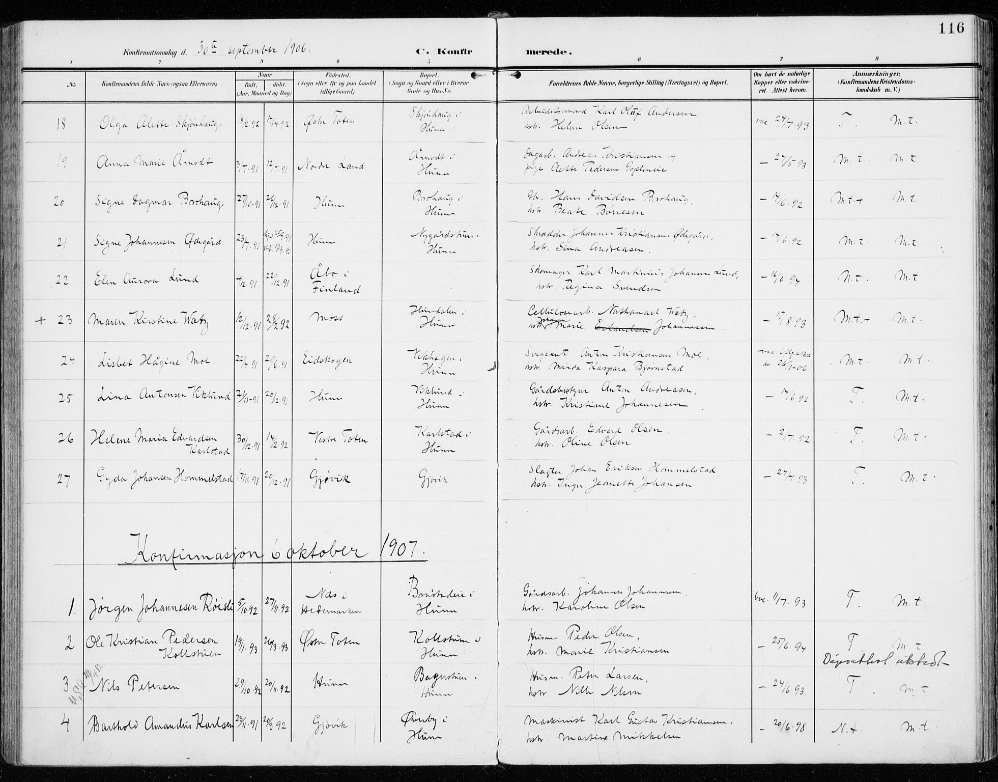 Vardal prestekontor, SAH/PREST-100/H/Ha/Haa/L0016: Parish register (official) no. 16, 1904-1916, p. 116