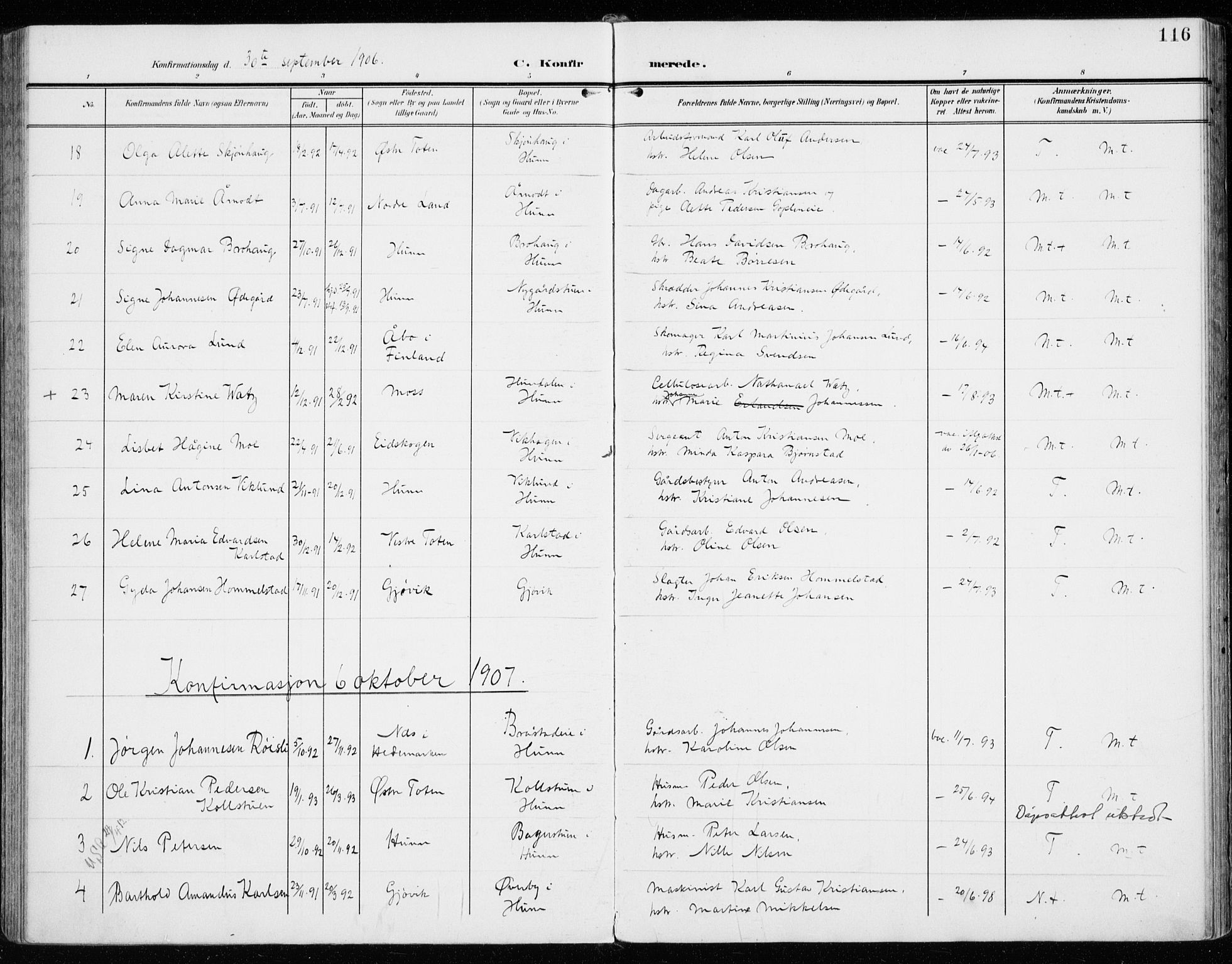 Vardal prestekontor, AV/SAH-PREST-100/H/Ha/Haa/L0016: Parish register (official) no. 16, 1904-1916, p. 116