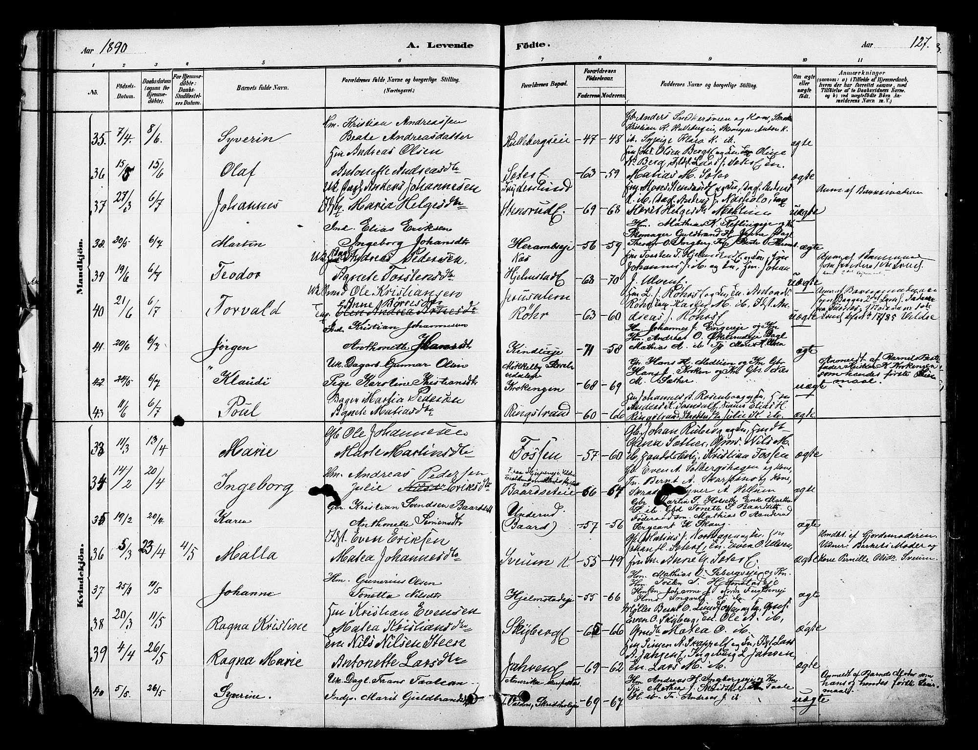 Ringsaker prestekontor, SAH/PREST-014/K/Ka/L0012: Parish register (official) no. 12, 1879-1890, p. 127