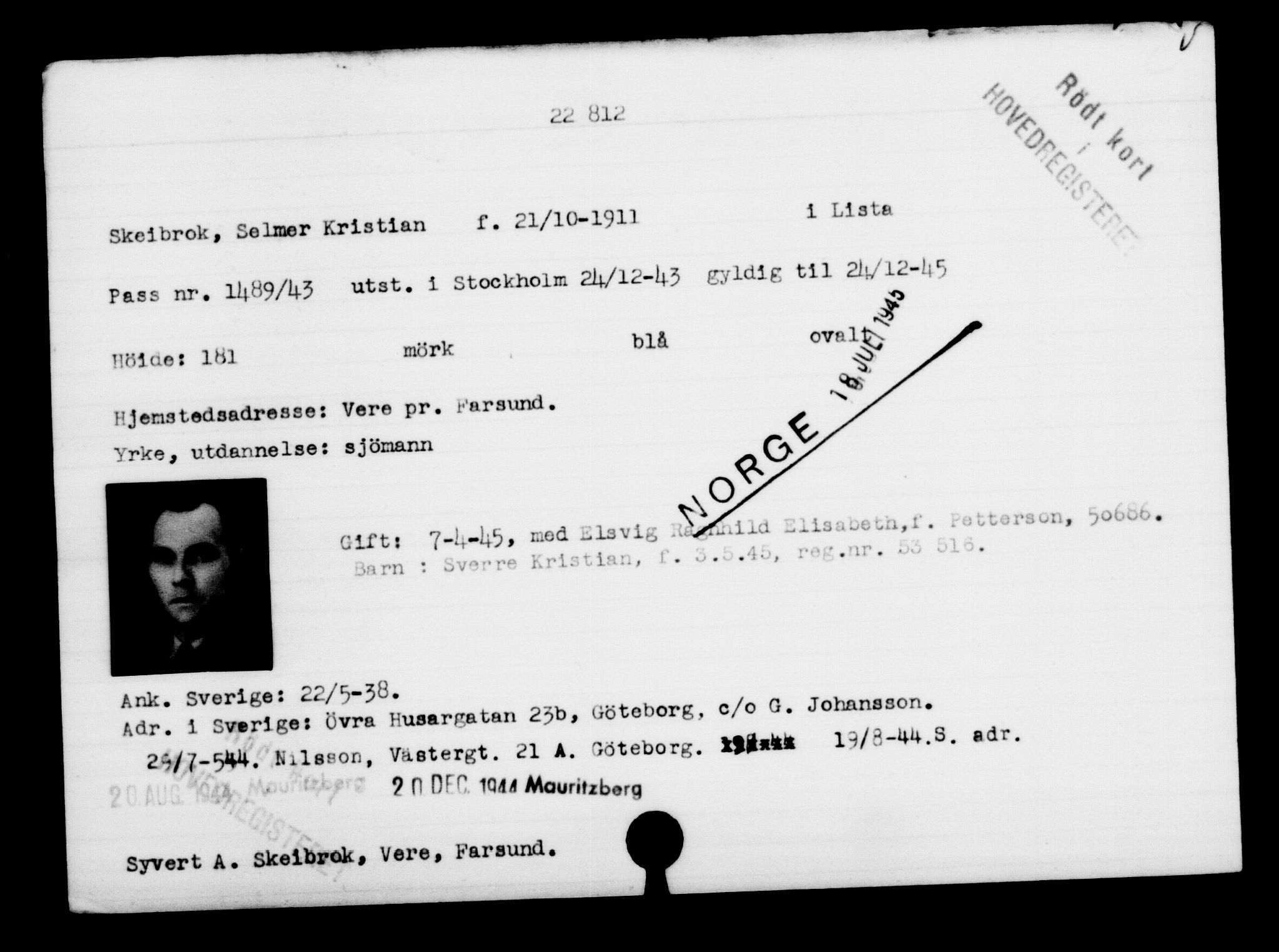 Utenriksstasjonene, Legasjonen i Stockholm, Flyktningkontoret, AV/RA-S-6753/V/Va/L0010: Kjesäterkartoteket, flyktninger med registreringsnr. 22000-25314, 1940-1945, p. 890