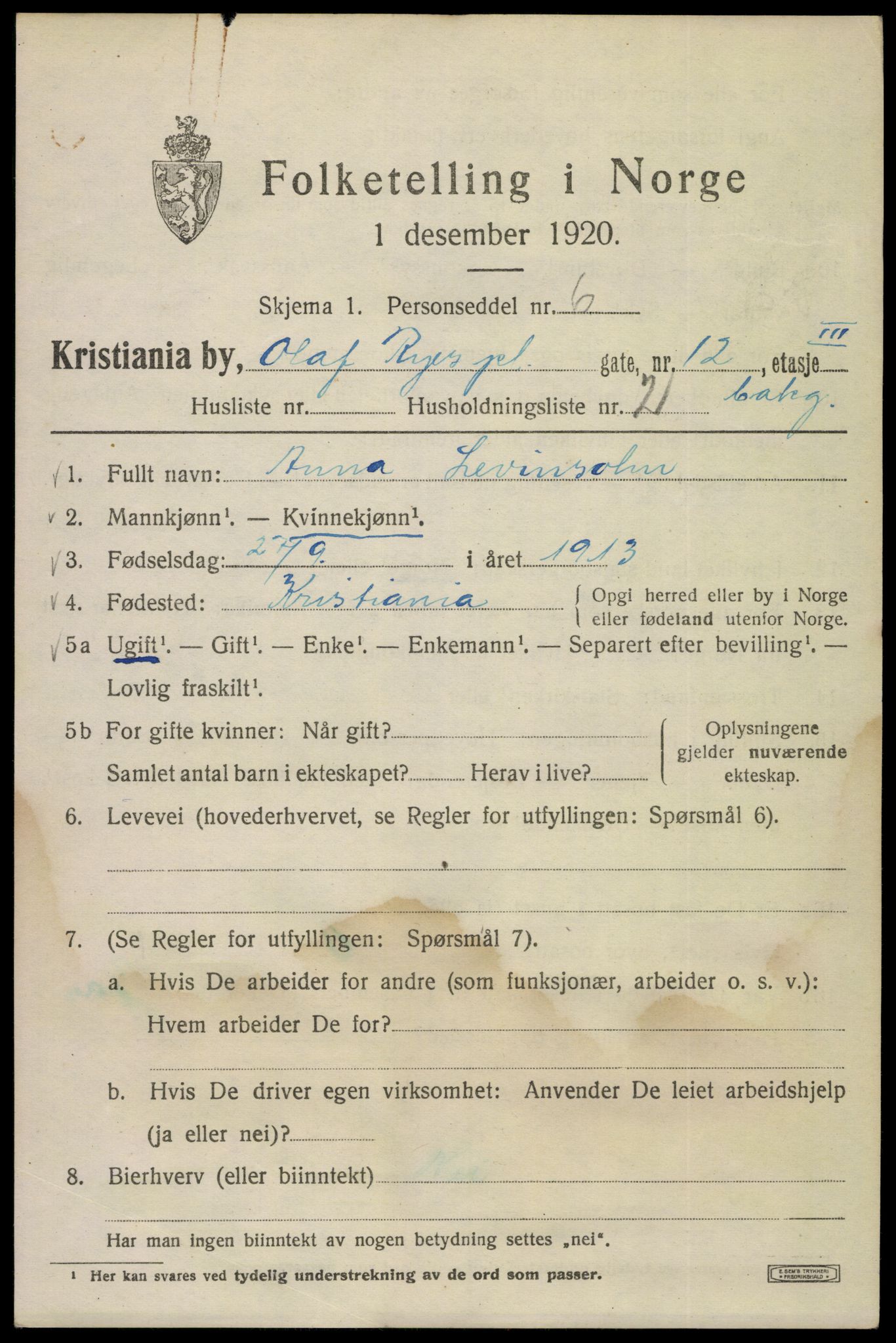 SAO, 1920 census for Kristiania, 1920, p. 432669