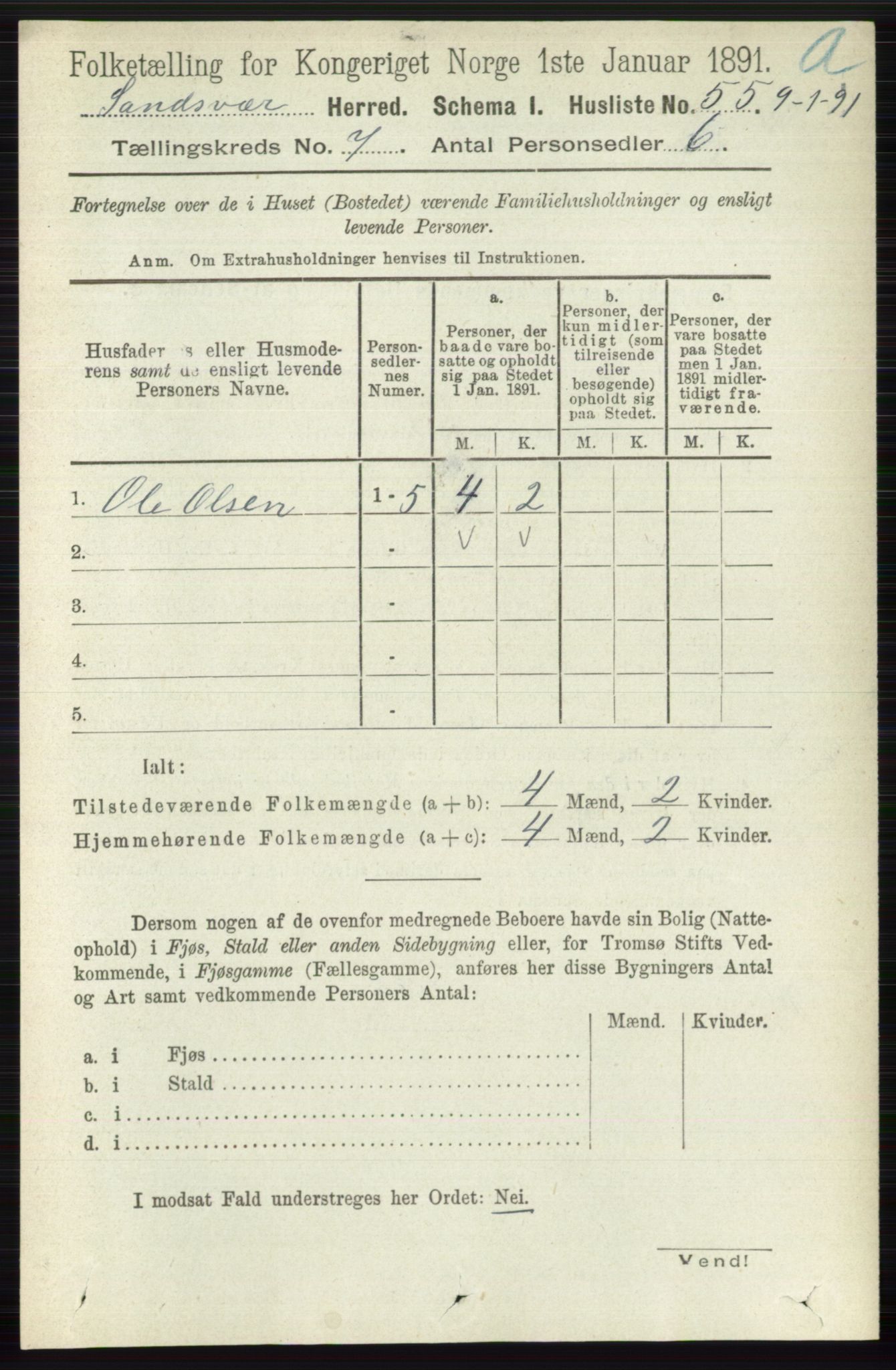 RA, 1891 census for 0629 Sandsvær, 1891, p. 3975