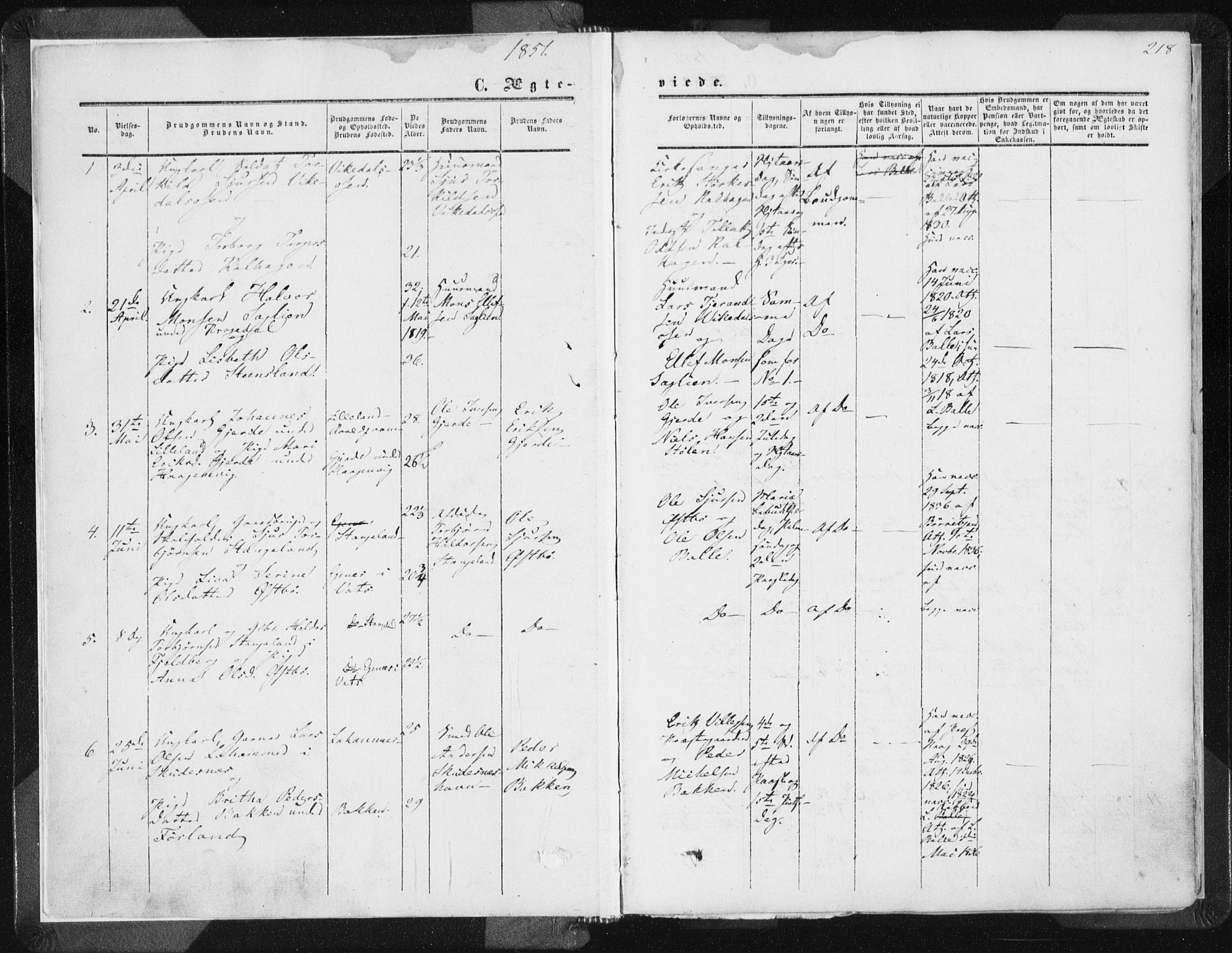Vikedal sokneprestkontor, SAST/A-101840/01/IV: Parish register (official) no. A 6.2, 1851-1867, p. 218