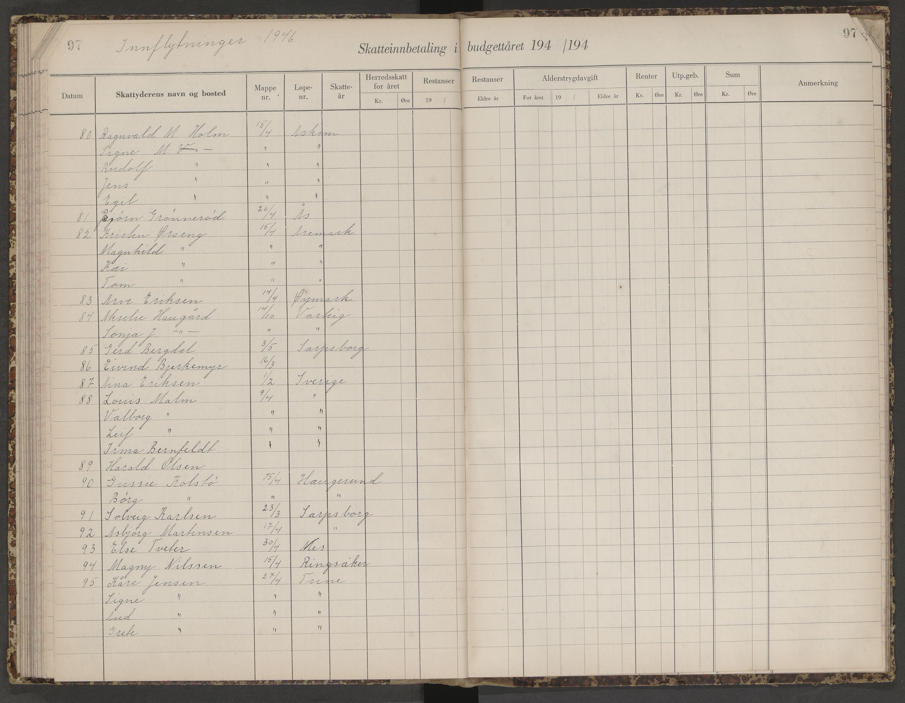 Skjeberg folkeregister, AV/SAO-A-10495/K/Ka/L0003: Fortegnelse over inn- og utflyttede, 1943-1947, p. 97