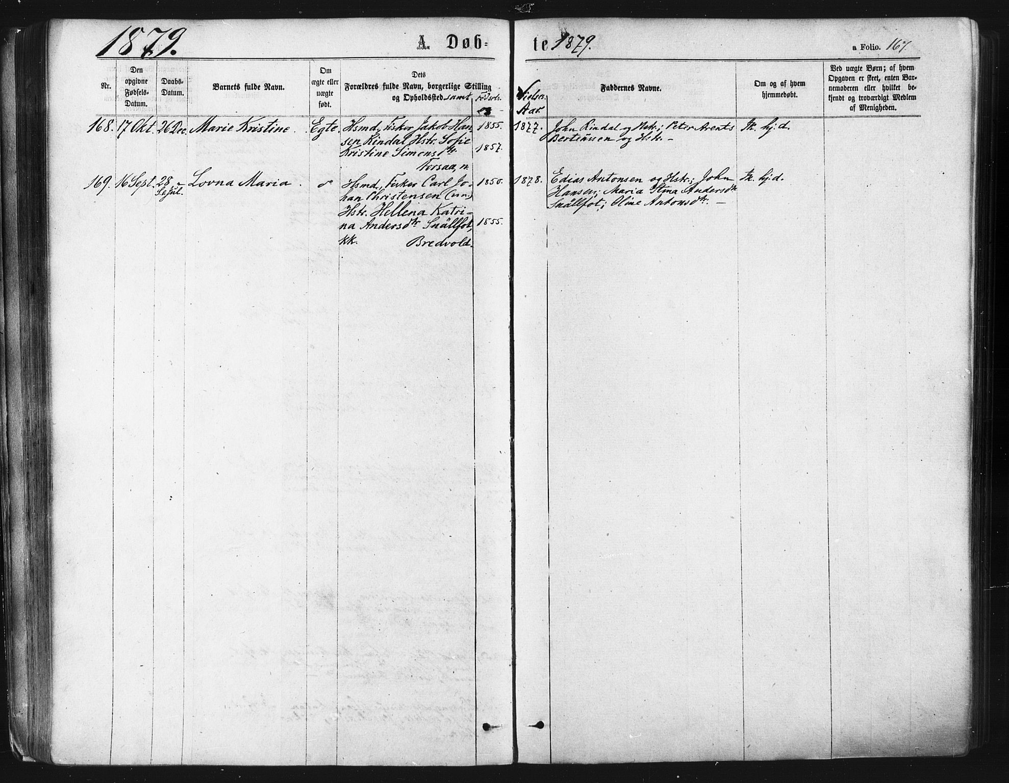 Ibestad sokneprestembete, SATØ/S-0077/H/Ha/Haa/L0010kirke: Parish register (official) no. 10, 1869-1879, p. 167