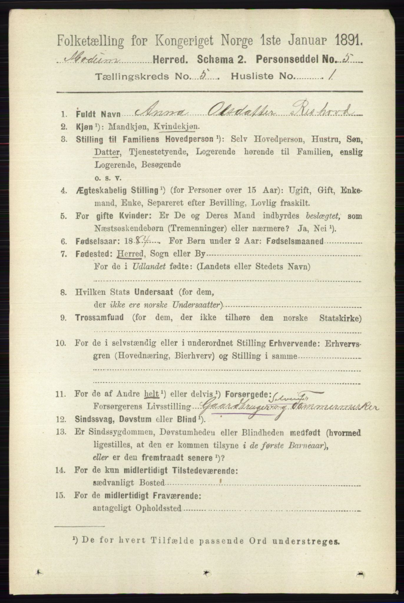 RA, 1891 census for 0623 Modum, 1891, p. 1455