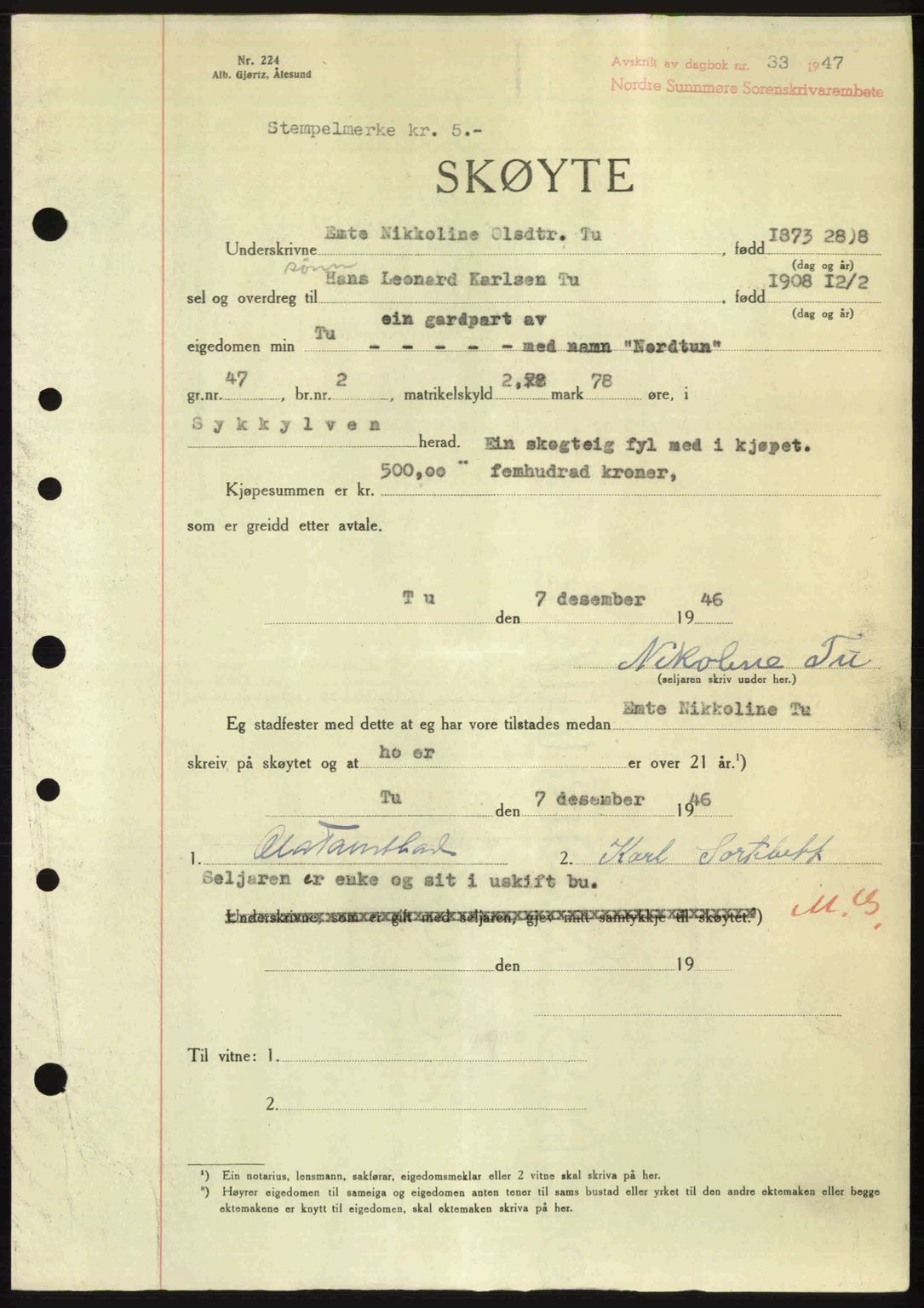 Nordre Sunnmøre sorenskriveri, AV/SAT-A-0006/1/2/2C/2Ca: Mortgage book no. A23, 1946-1947, Diary no: : 33/1947