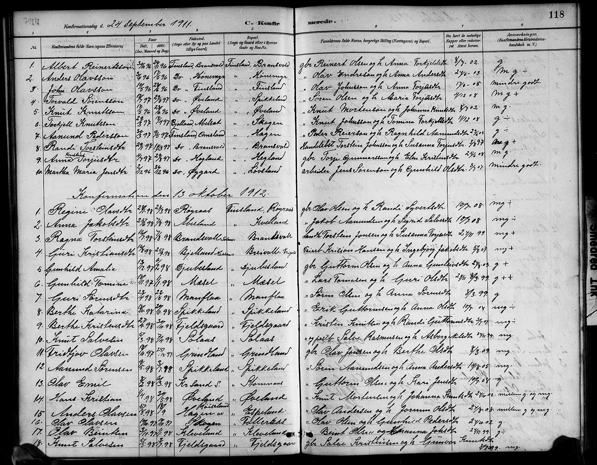 Bjelland sokneprestkontor, SAK/1111-0005/F/Fb/Fbb/L0005: Parish register (copy) no. B 5, 1887-1918, p. 118