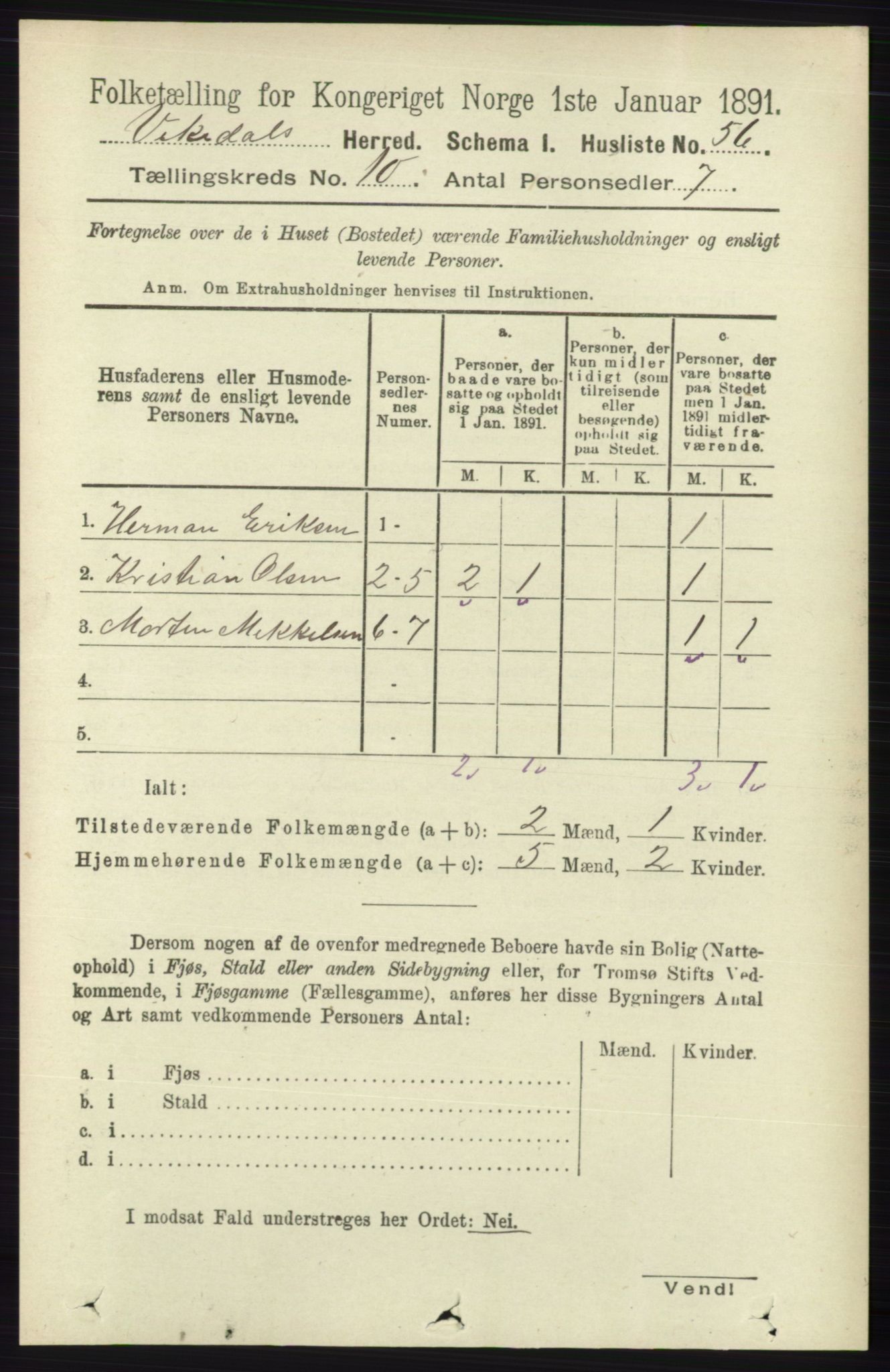 RA, 1891 census for 1157 Vikedal, 1891, p. 2519