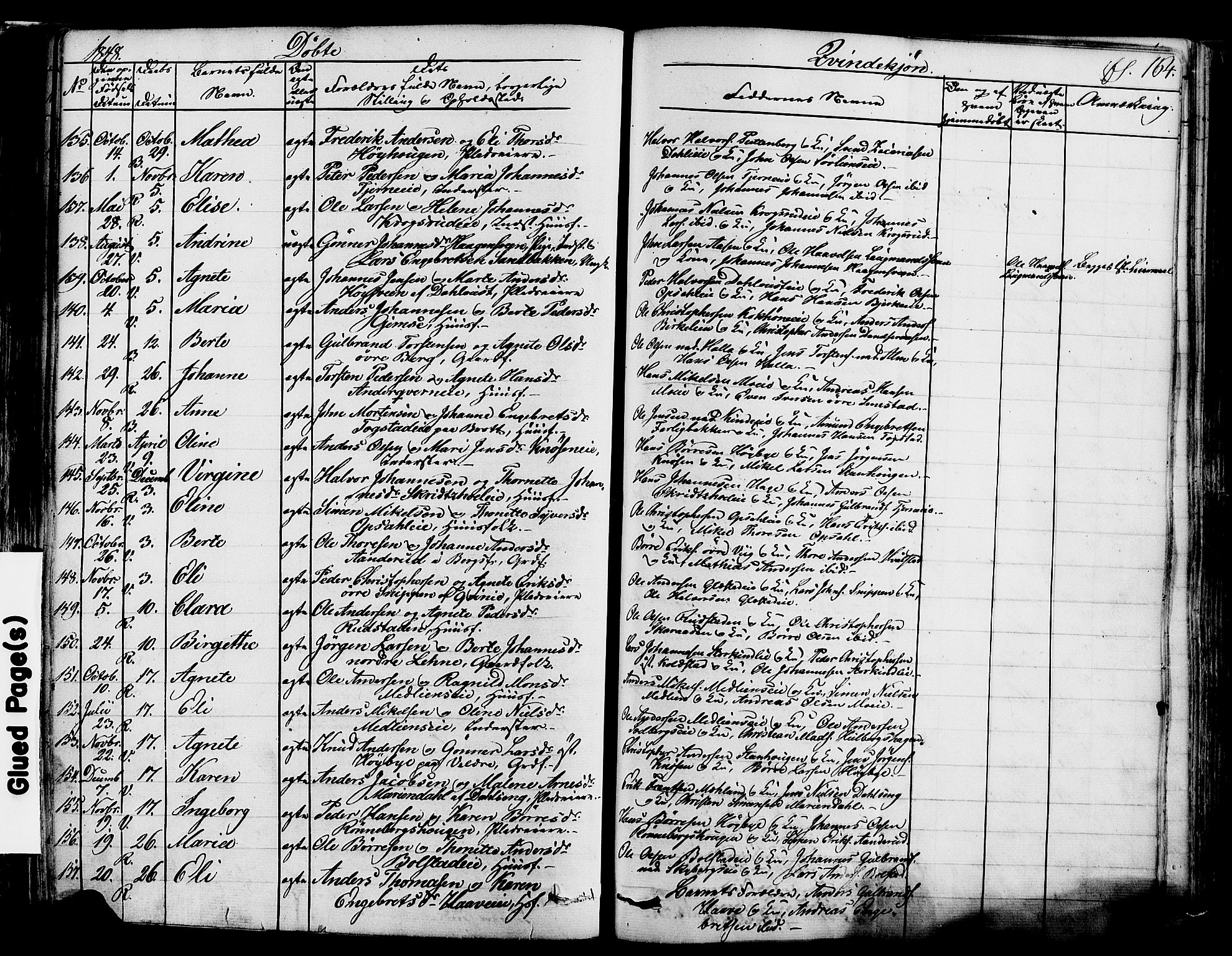 Ringsaker prestekontor, SAH/PREST-014/K/Ka/L0008: Parish register (official) no. 8, 1837-1850, p. 164