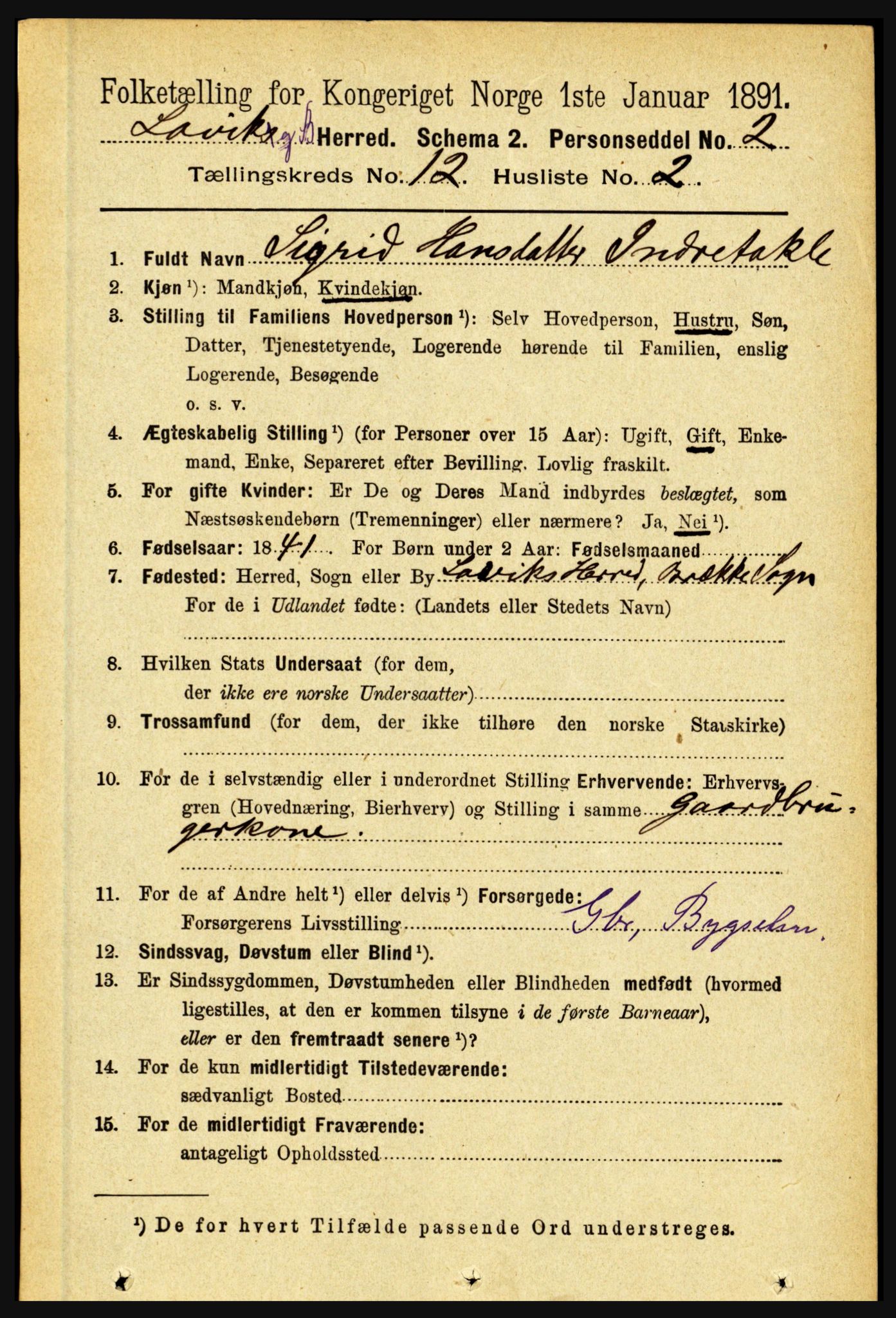 RA, 1891 census for 1415 Lavik og Brekke, 1891, p. 2357