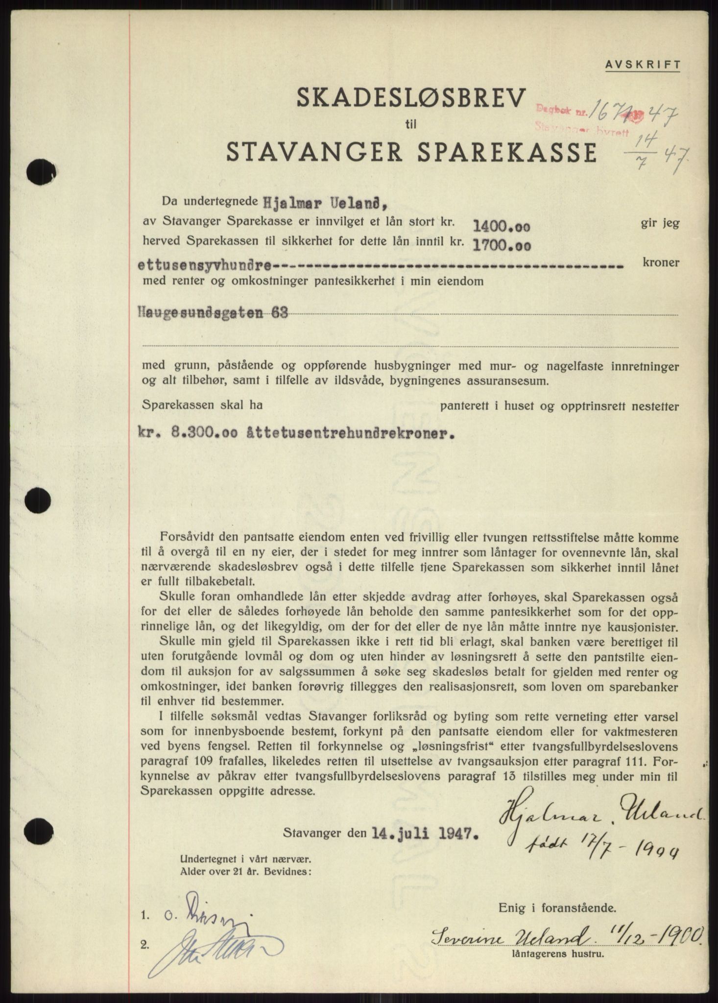 Stavanger byrett, SAST/A-100455/002/G/Gb/L0032: Mortgage book, 1947-1950, Diary no: : 1671/1947