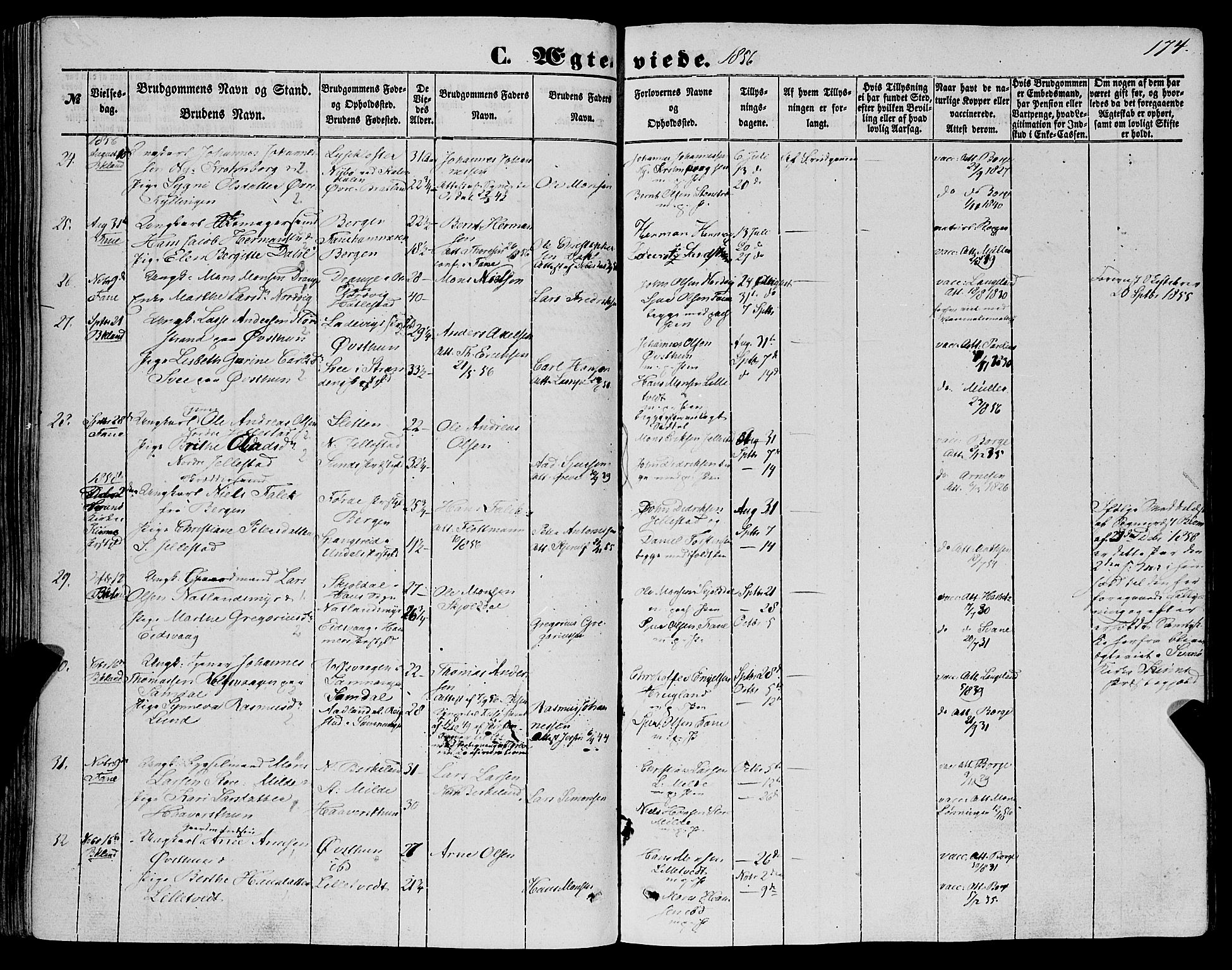 Fana Sokneprestembete, SAB/A-75101/H/Haa/Haaa/L0011: Parish register (official) no. A 11, 1851-1862, p. 174