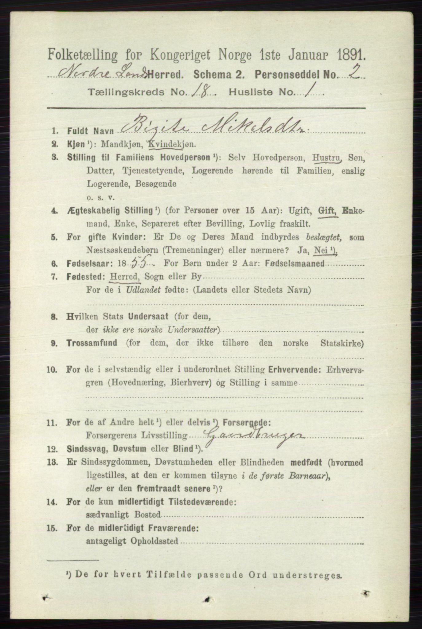 RA, 1891 census for 0538 Nordre Land, 1891, p. 4389