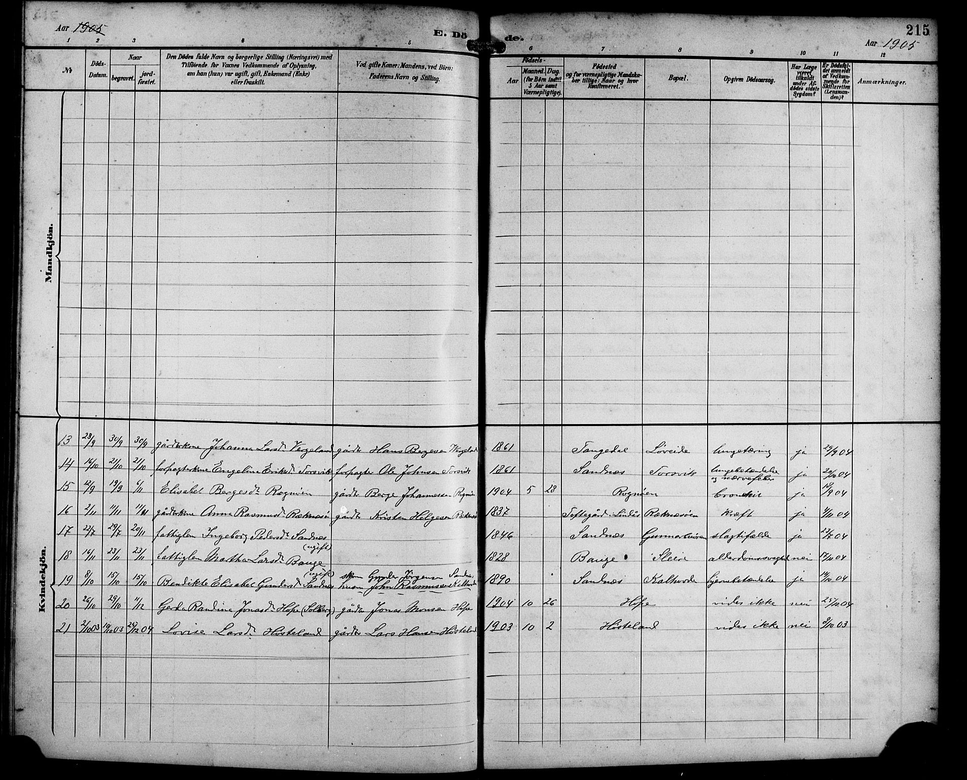 Masfjorden Sokneprestembete, SAB/A-77001: Parish register (copy) no. B 1, 1892-1913, p. 215