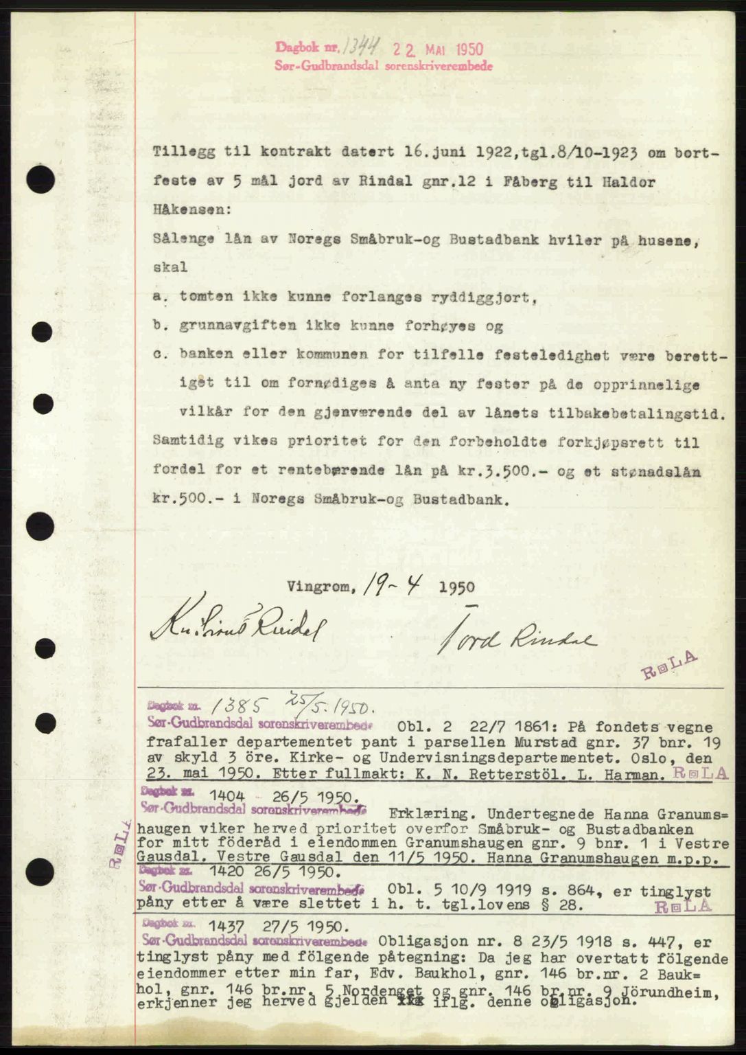 Sør-Gudbrandsdal tingrett, SAH/TING-004/H/Hb/Hbf/L0004: Mortgage book no. C5b, 1945-1951, Diary no: : 1344/1950
