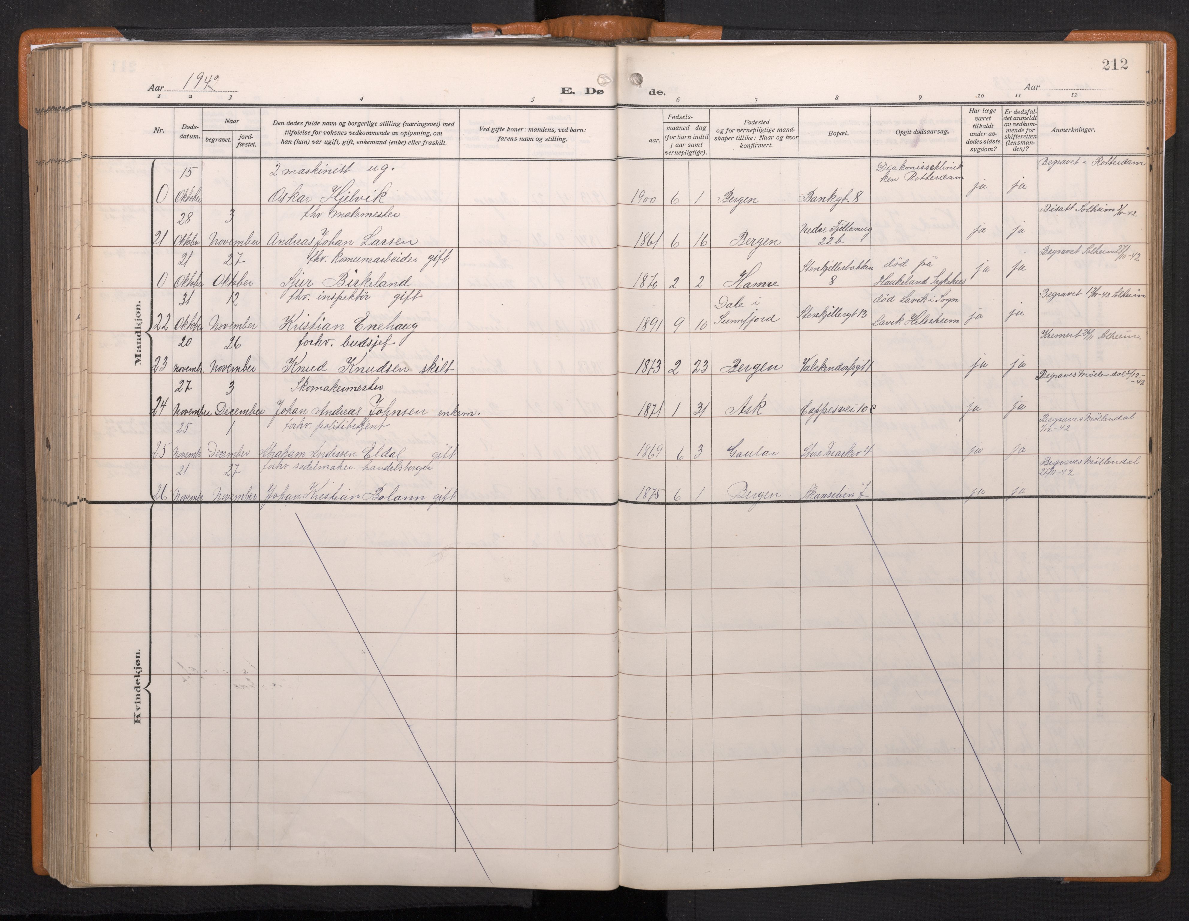 Korskirken sokneprestembete, AV/SAB-A-76101/H/Haa/L0048: Parish register (official) no. E 6, 1910-1960, p. 211b-212a