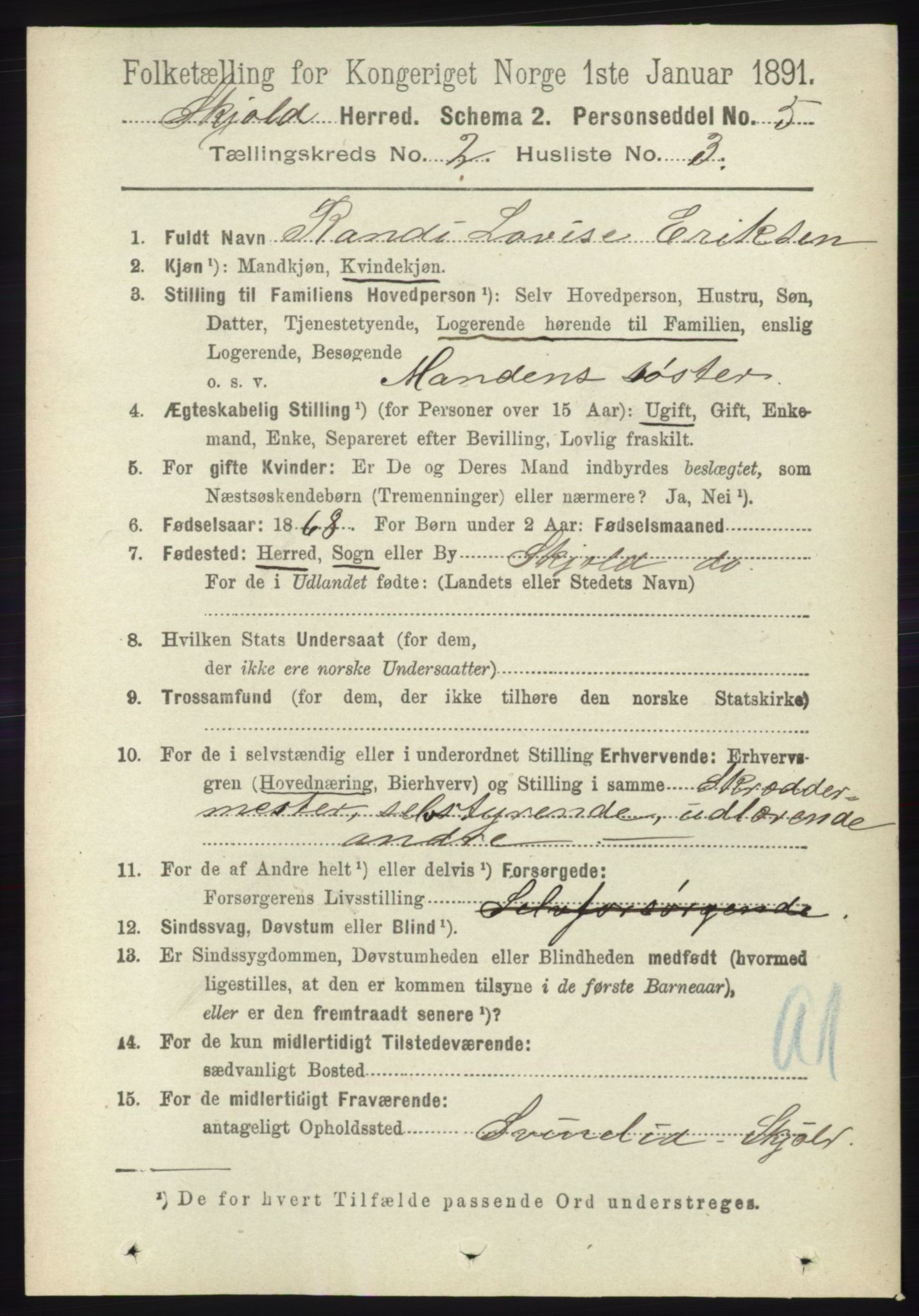 RA, 1891 census for 1154 Skjold, 1891, p. 298