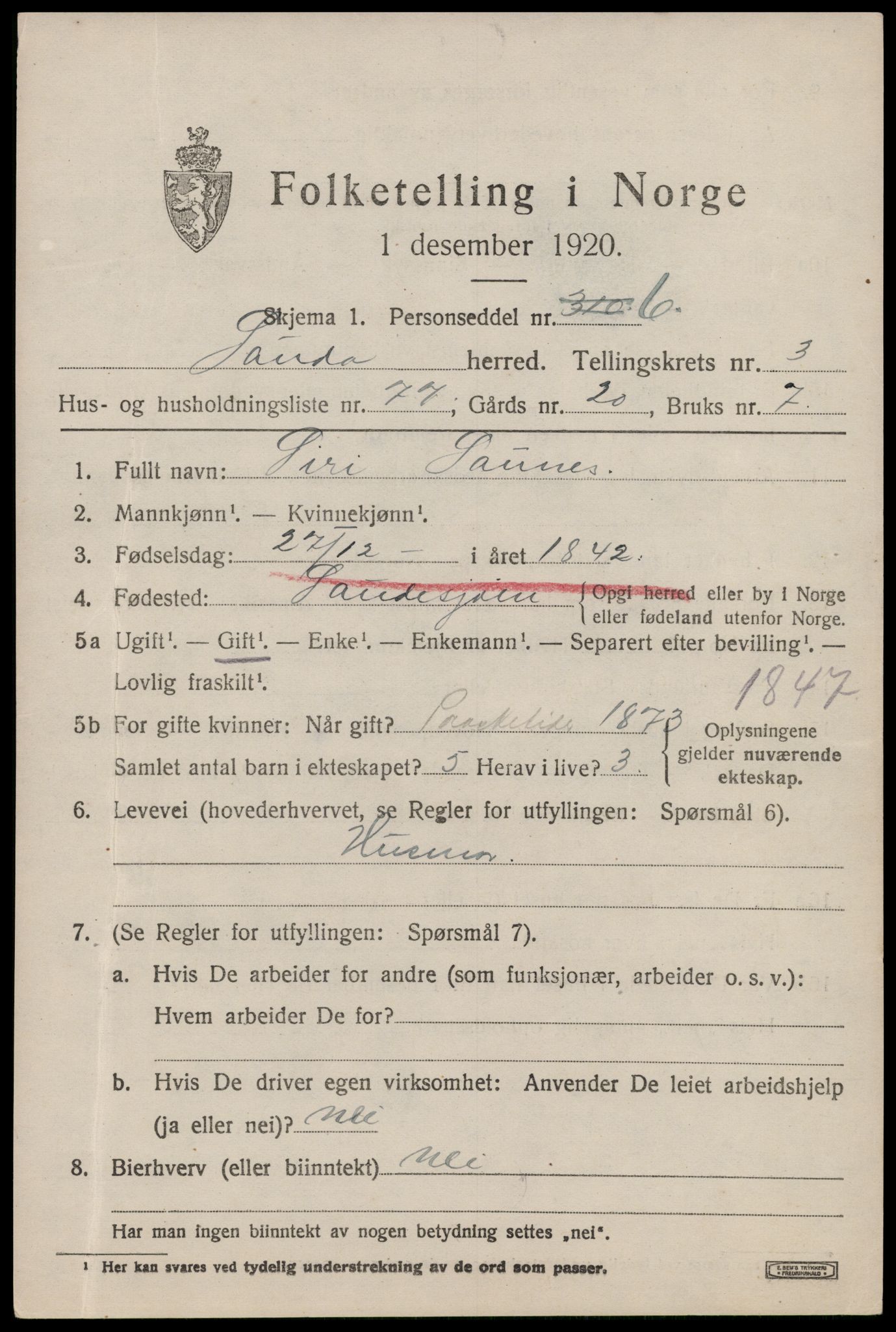 SAST, 1920 census for Sauda, 1920, p. 1718