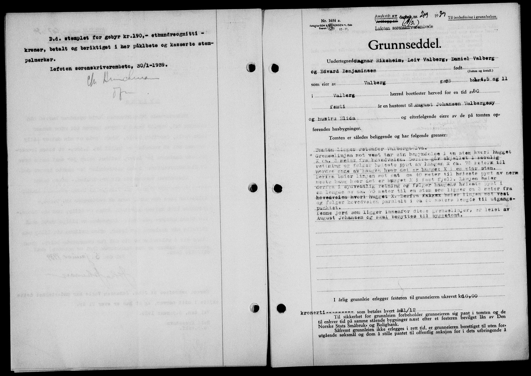 Lofoten sorenskriveri, SAT/A-0017/1/2/2C/L0005a: Mortgage book no. 5a, 1939-1939, Diary no: : 219/1939