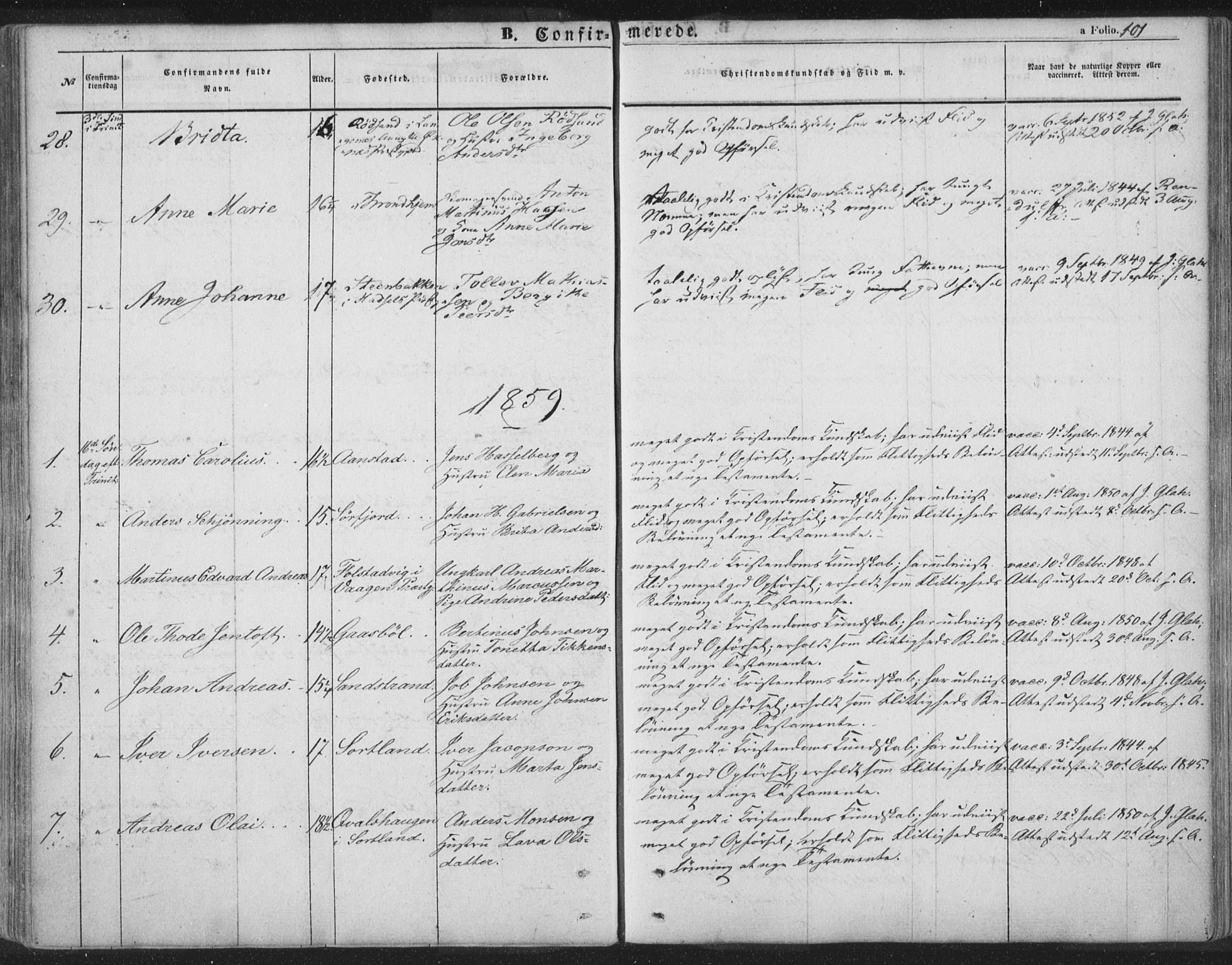 Ministerialprotokoller, klokkerbøker og fødselsregistre - Nordland, AV/SAT-A-1459/895/L1369: Parish register (official) no. 895A04, 1852-1872, p. 101