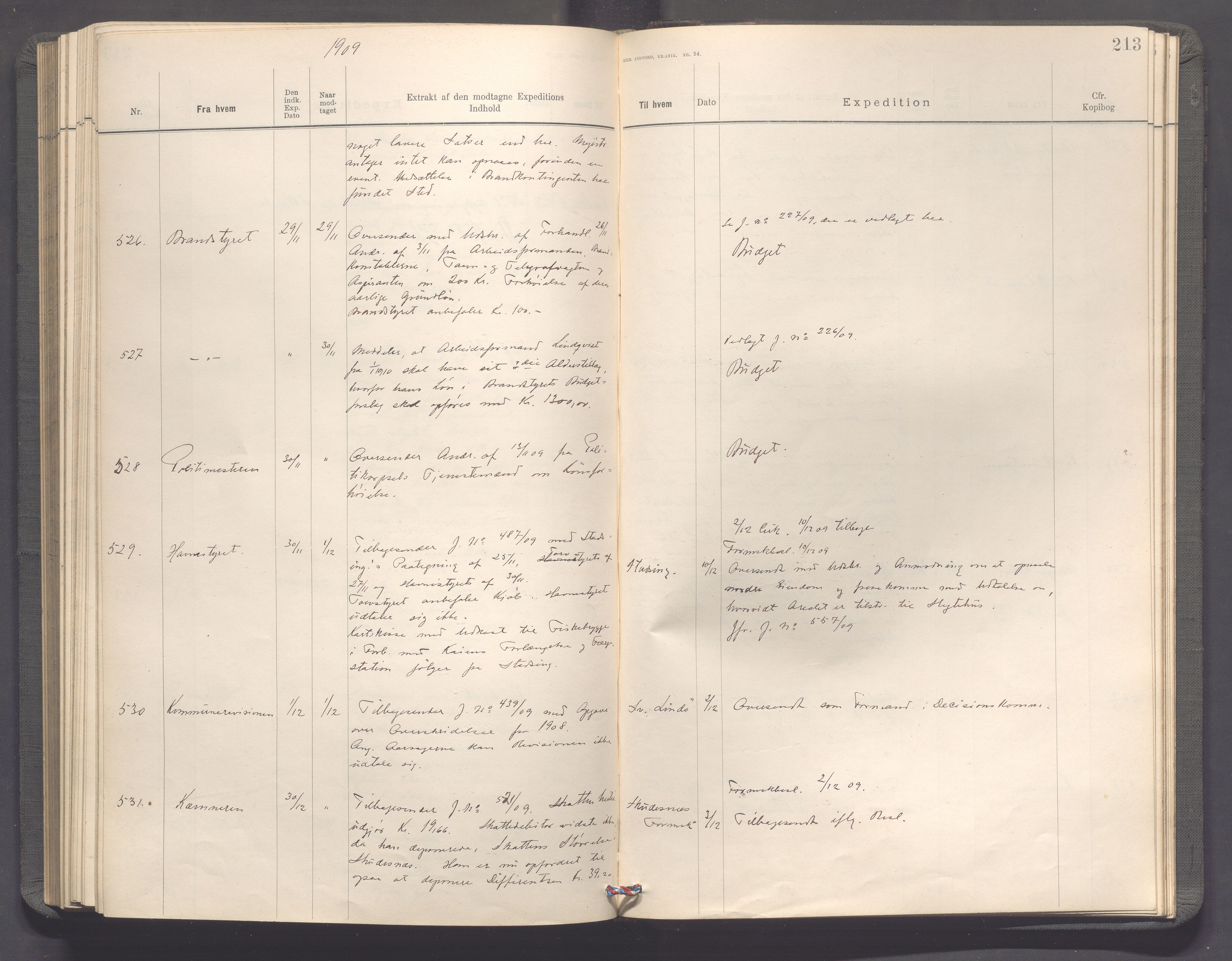 Haugesund kommune - Formannskapet, IKAR/X-0001/C/L0003: Journal, 1907-1910, p. 213