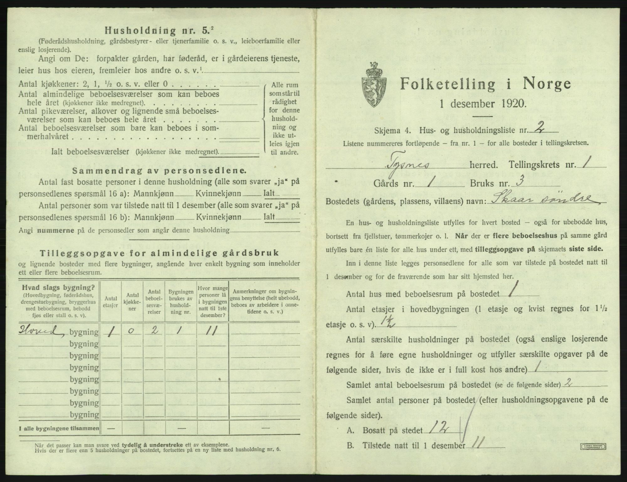 SAB, 1920 census for Tysnes, 1920, p. 60