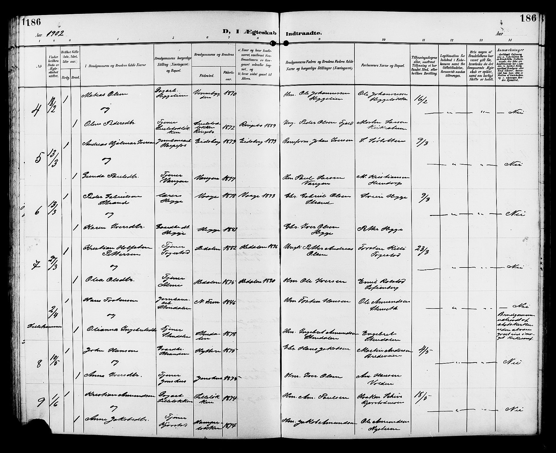 Sør-Fron prestekontor, SAH/PREST-010/H/Ha/Hab/L0004: Parish register (copy) no. 4, 1896-1911, p. 186