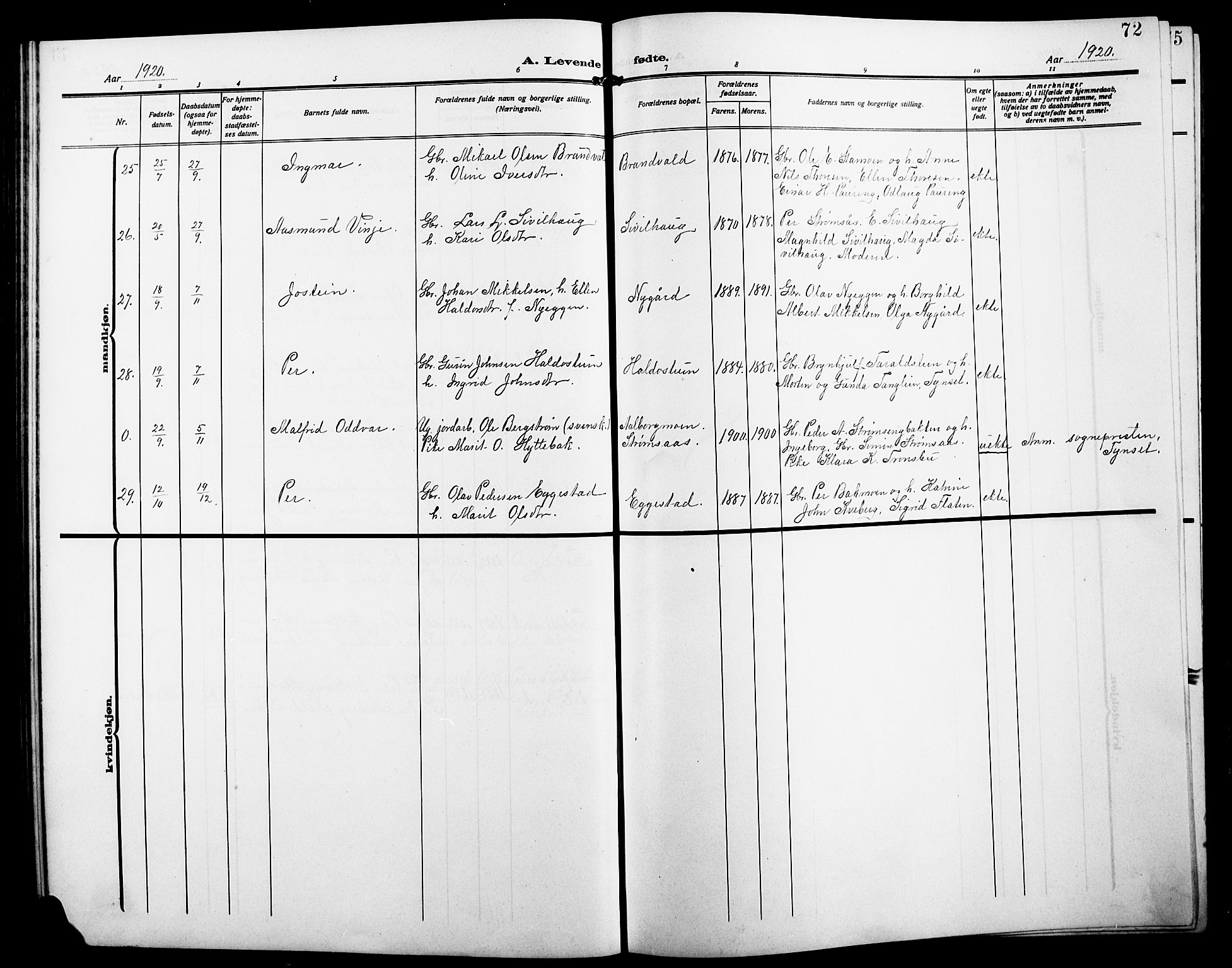 Alvdal prestekontor, AV/SAH-PREST-060/H/Ha/Hab/L0005: Parish register (copy) no. 5, 1908-1923, p. 72