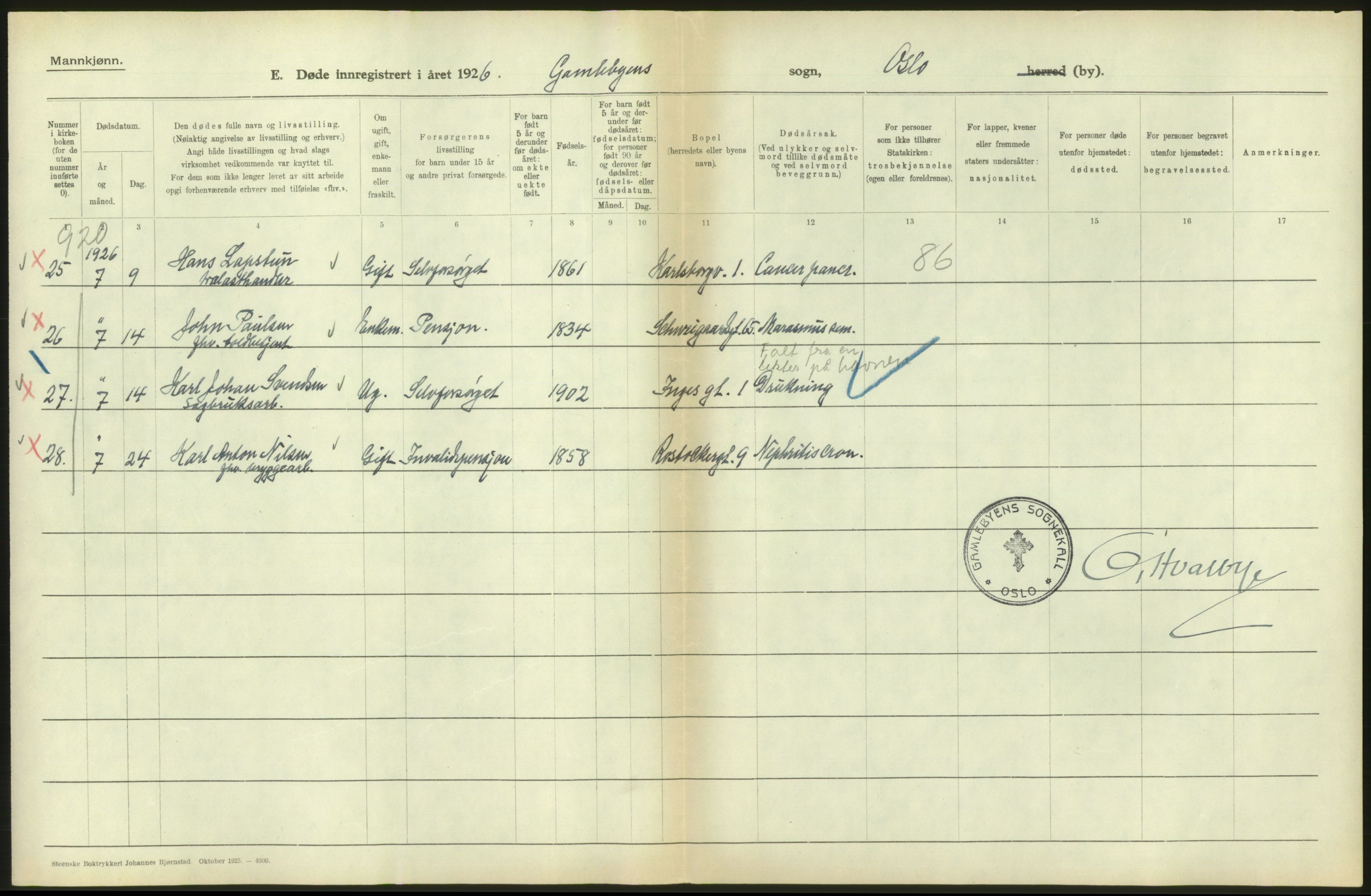 Statistisk sentralbyrå, Sosiodemografiske emner, Befolkning, AV/RA-S-2228/D/Df/Dfc/Dfcf/L0009: Oslo: Døde menn, 1926, p. 326