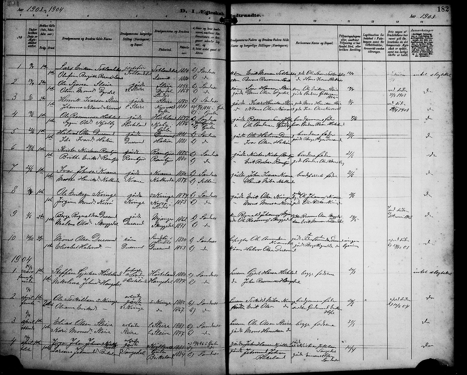 Masfjorden Sokneprestembete, SAB/A-77001: Parish register (copy) no. B 1, 1892-1913, p. 182