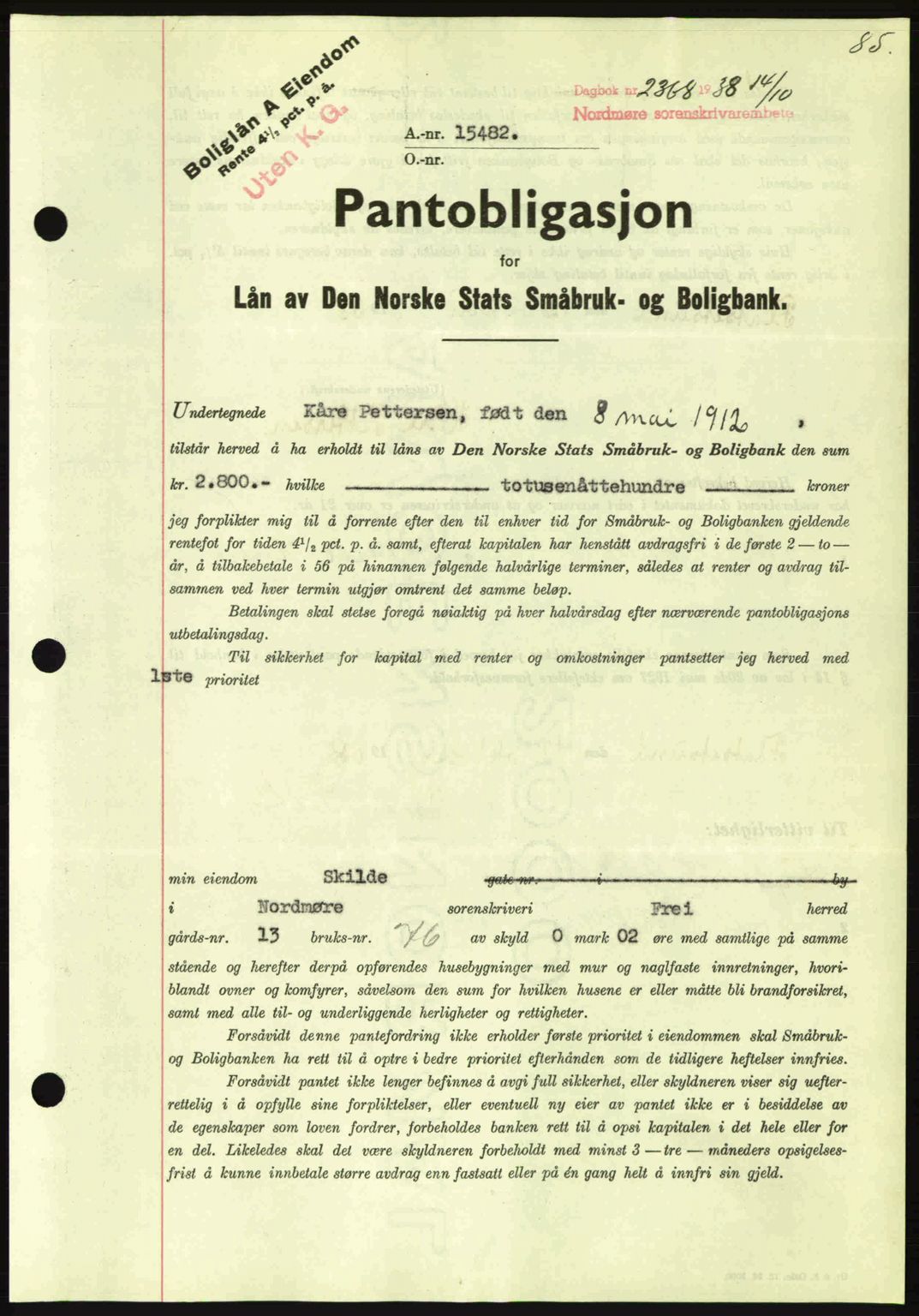 Nordmøre sorenskriveri, SAT/A-4132/1/2/2Ca: Mortgage book no. B84, 1938-1939, Diary no: : 2368/1938