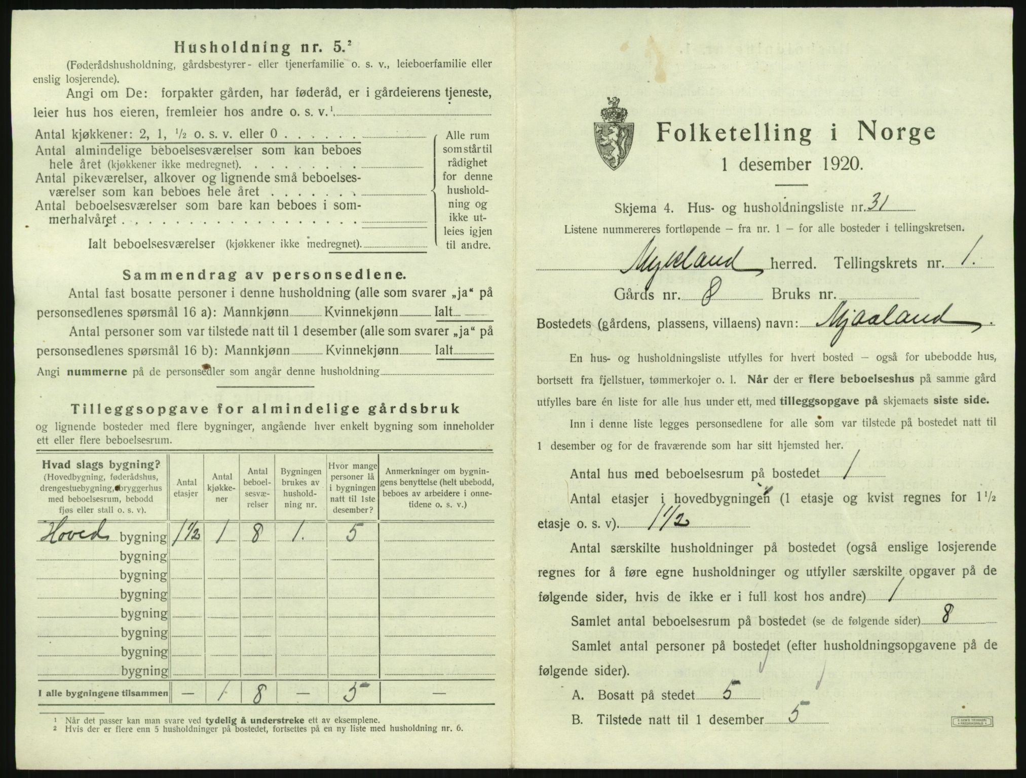 SAK, 1920 census for Mykland, 1920, p. 86